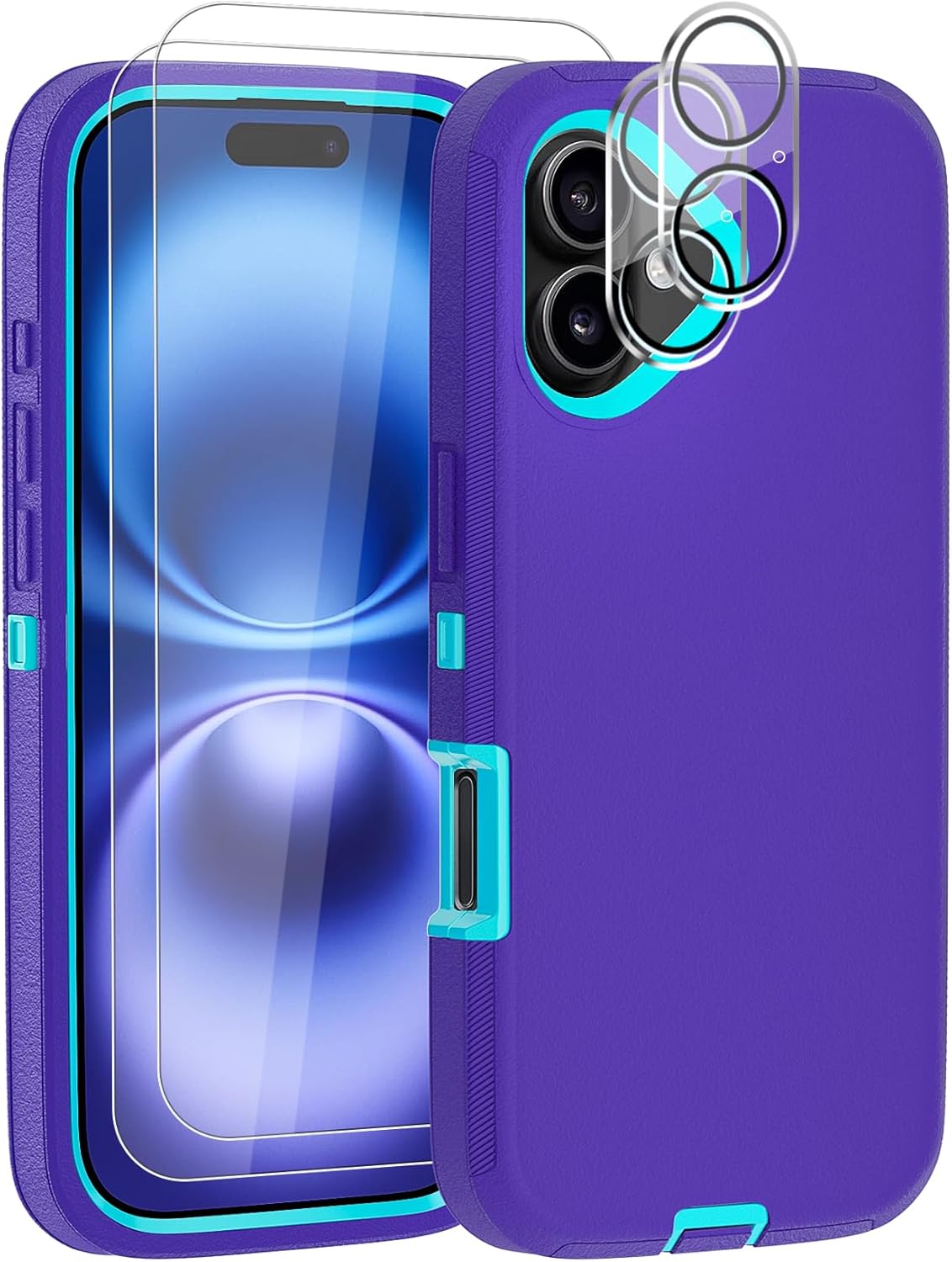 Case for iPhone 16 Plus Case 6.7" with 2 Screen Protector + 2 Camera Lens Protector, Full Body Heavy Duty Military Grade Cover, Shockproof/Drop Proof Protection Phone Case (Purple Blue)