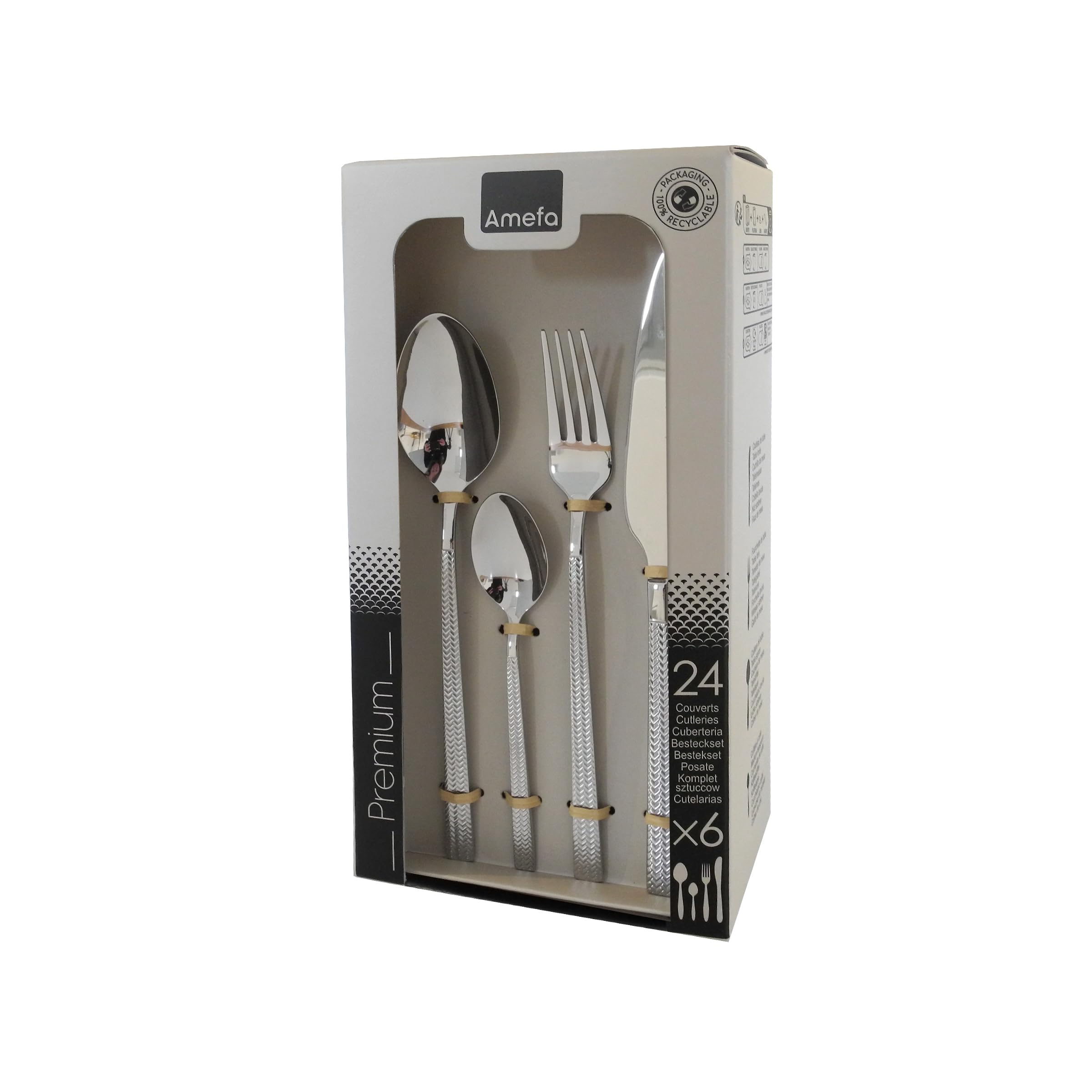 Amefa Chic - Cubertería, 24 cubiertos de mesa, para 6 personas, acero inoxidable 18/0, acabado brillo