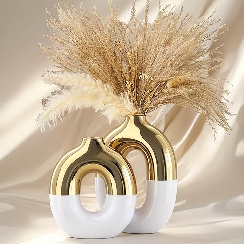 Juego de jarrón blanco y dorado para decoración del hogar, florero redondo de cerámica para pasto de pampa para decoración de estantes del hogar,