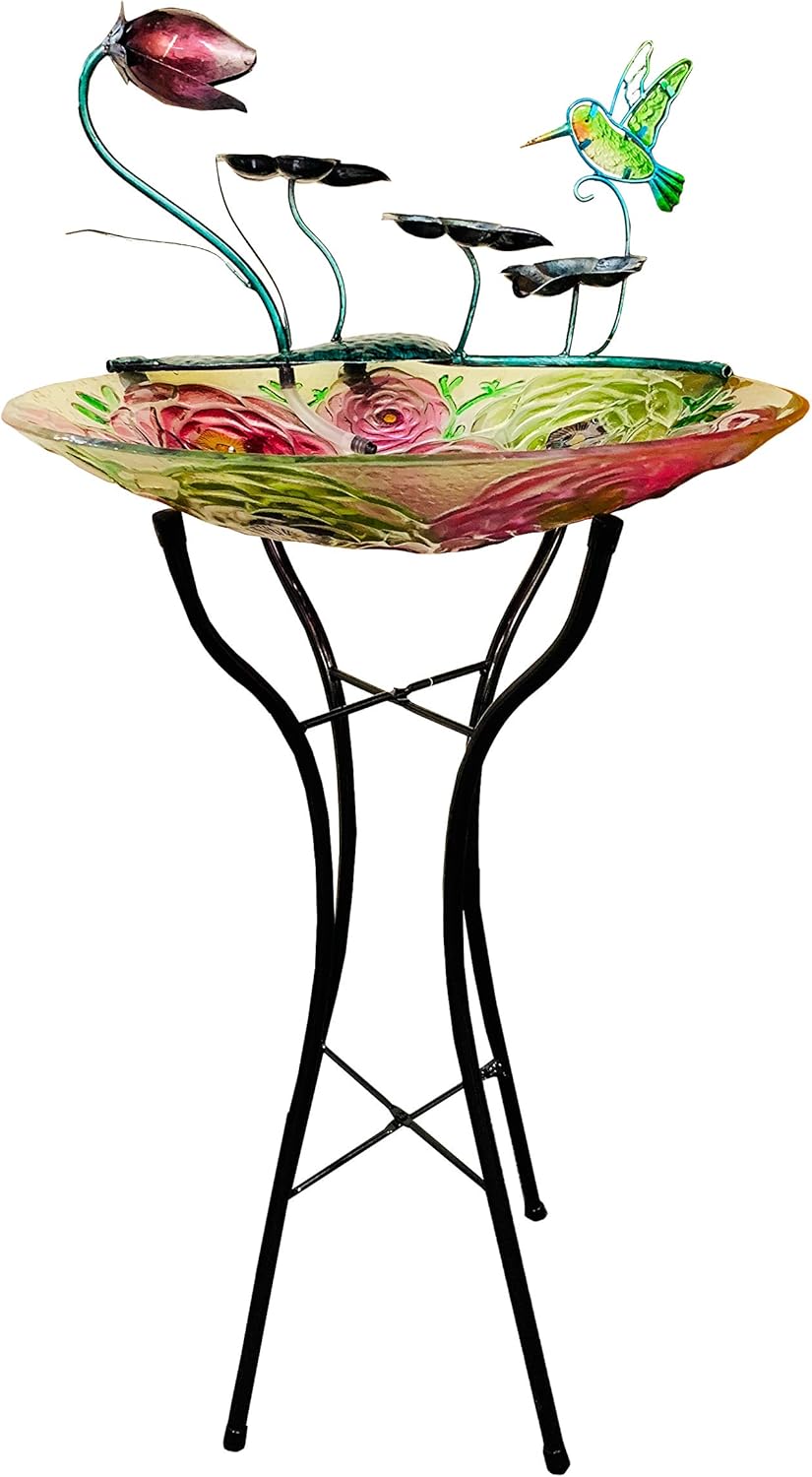Continental Art Center Inc. CAC3222103 18'' Holographic Painted Pink and Yellow Flowers Glass, Bird Bath/Feeder, Fountain, Decorative Plate