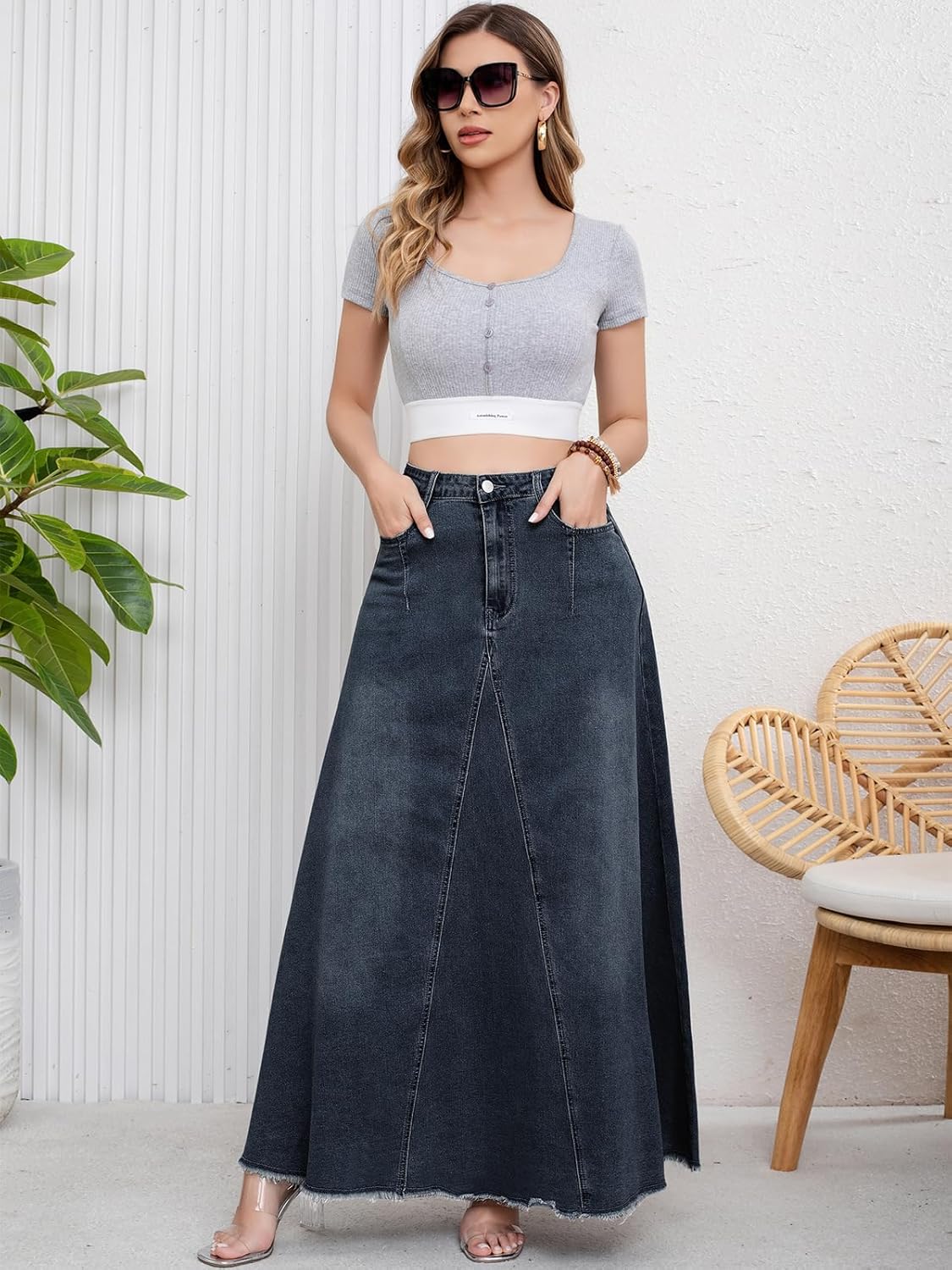 ebossy Women's Retro Distressed High Waist Frayed Hem A Line Wash Maxi Long Denim Skirt with Pockets - Image 4