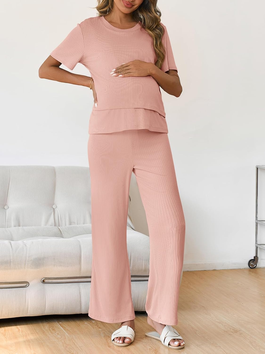 Tankaneo Womens Postpartum Maternity Pajamas 2 Piece Sets Rib Short Sleeve Nursing Tops and Elastic Waist Pants Loungewear - Image 4