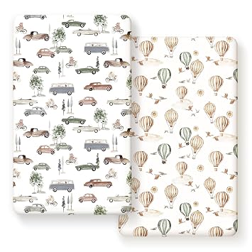 Stretch Ultra Soft Jersey Knit Fitted Crib Sheets Set 2 Pack,Fit All Standard Crib Mattress Pads Safe and Snug, Crib Fitted Sheet for Boys and Girls, Stylish Cars Print Kids Sheets for Boys
