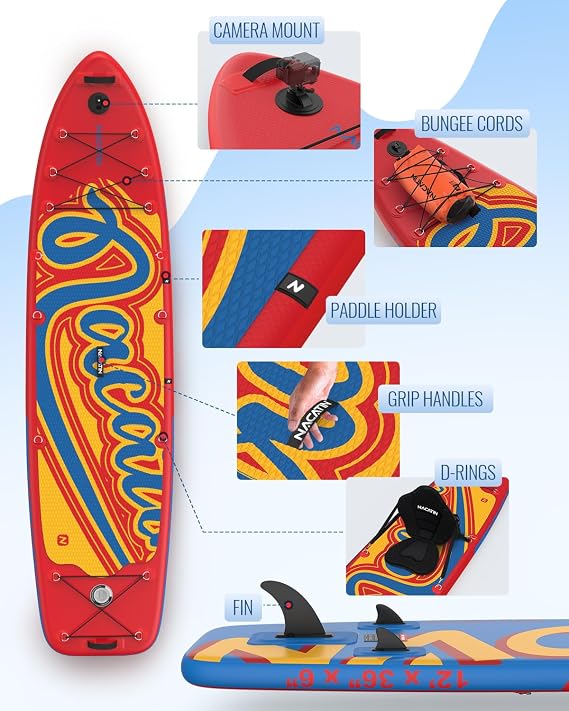 NACATIN 12' Extra Large Inflatable Stand Up Paddle Board with Seat, Wide 36 SUP Board for Adults & Family, with Single/Double Paddle, Kayak Seat, Pump, Stable Wide Platform for Beginners, Lake,River