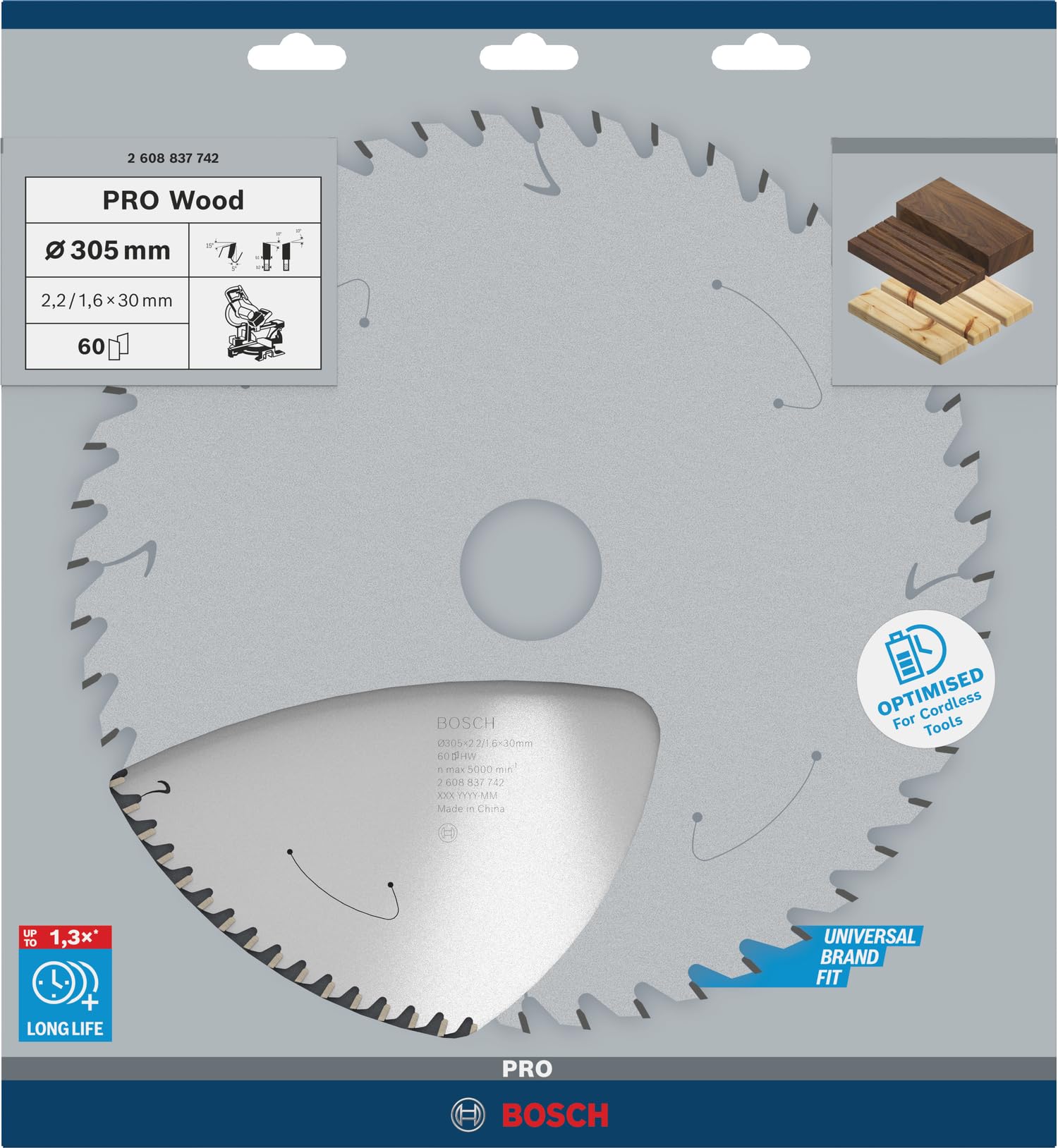 Bosch Accessories Lama Per Sega Circolare Standard For Wood (Legno, 305 x 30 x 2.2 mm, 60 Denti, Accessorio Per Sega Circolare A Batteria)