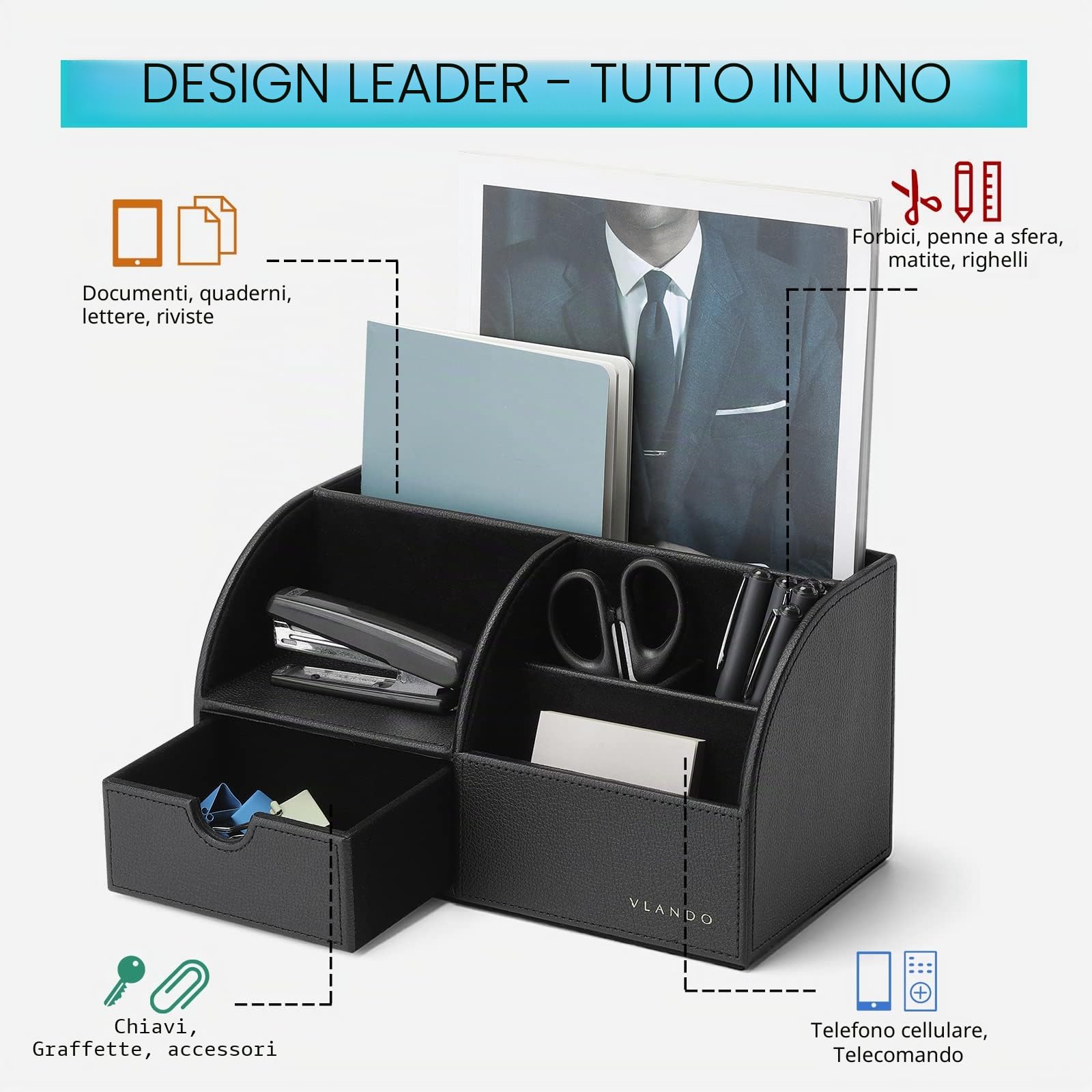 Vlando Multifunzionale Portaoggetti da scrivania,Organizzatore di cancelleria, Portapenne da Scrivania, Organizer da scrivania, Portaoggetti da ufficio in Pelle PU (Nero) | Regalo per marito o papà, in pelle PU, organizer da scrivania per tablet, PC, tele