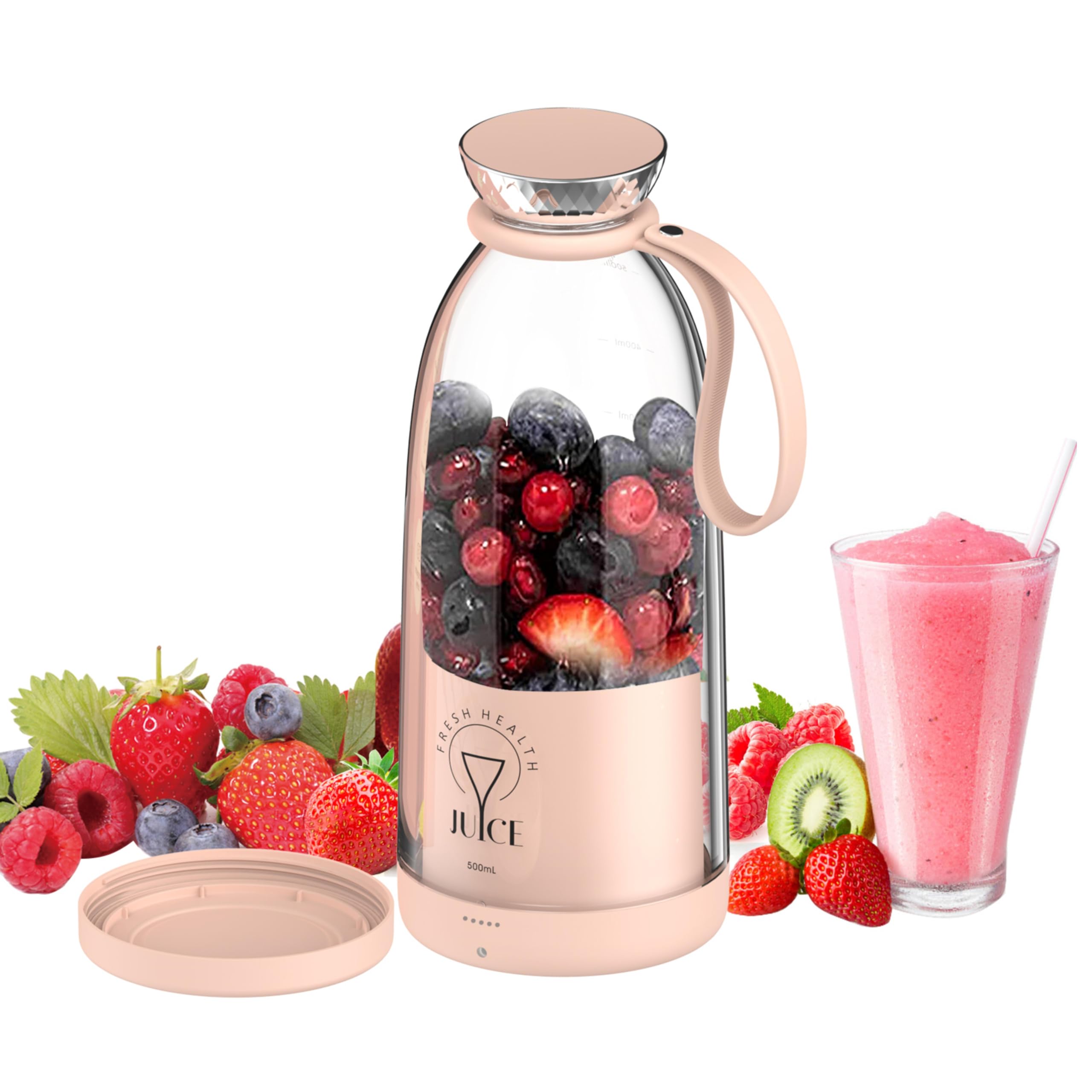 Buzveuya Portable Blender, Small Blender for Smoothies and Shakes, Personal Blender with 6 Blades, Rechargeable, Travel Lid, 17 oz for Outdoors, Camping, Office and Kitchen (Pink)