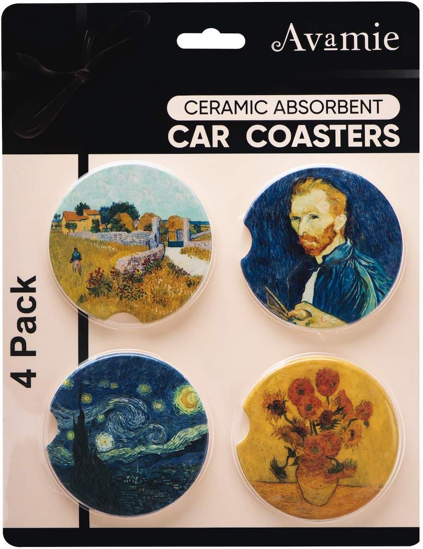 Avamie Car Coasters 4 Pack, Car Cup Holder Coasters, Absorbent Ceramic Stone Coasters for Car, 2.56 inch, Decorative Van Gogh Inspirations Design for Men and Women