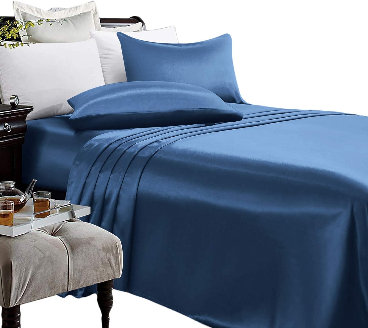 Satin Bed Sheets Set- 4 Piece Bedding Set, High Thread Counts, 100% Satin Cal-King Sea Blue Sheet Set Ultra Soft, Silky Satin Bed Sheet Set With Pillowcase 16" Deep pocket (Cal-King, Sea Blue)