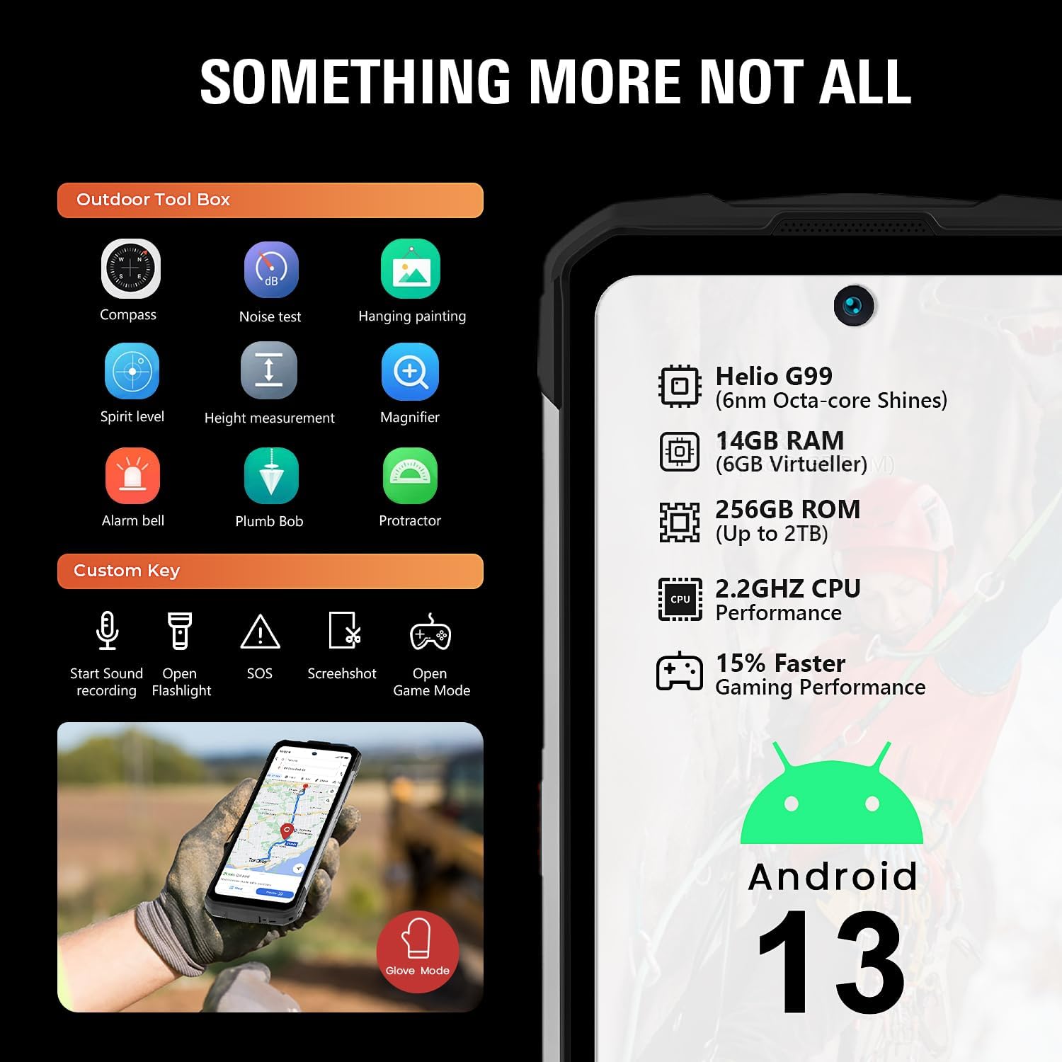 HOTWAV Cyber X showing the Outdoor Tool Box apps and Custom Key settings with options for Start Sound Recording, Open Flashlight, SOS, Screenshot, and Open Game Mode.
