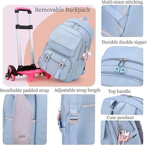 Miniatura 6 de MITOWERMI Mochila con ruedas para niñas, para niños, para escuela, primaria, mediana, con ruedas, mochila con ruedas para niños, Rosa de 6 ruedas