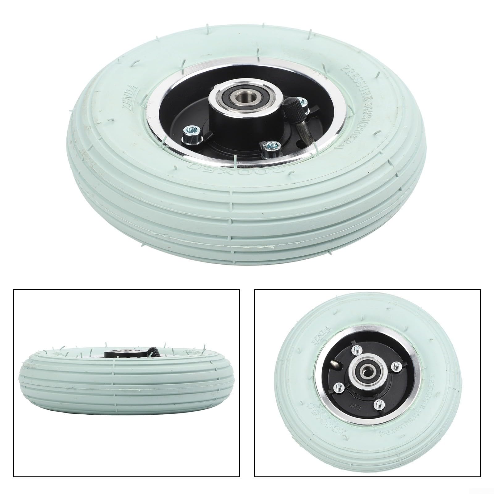Roue avant complète de 8 pouces pour fauteuil roulant électrique, 200 x 50, pneus pneumatiques avec chambre à air et jante, roue pivotante grise avec roulement, pour axe de 8 mm/10 mm (noir 10 mm)