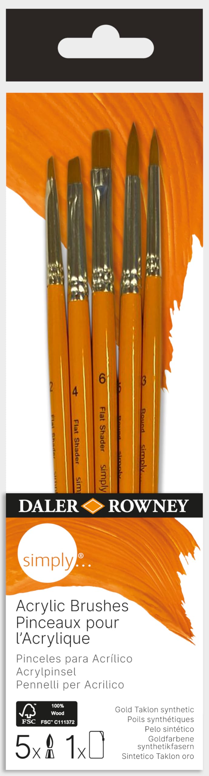 Daler-Rowney Simply Gold Taklon Synthetic Hair Acrylic Brush Set with Short Handles, 5 Assorted Brushes, For Entry-Level Artists & Hobbyists