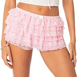 Adoeren Women Lolita Bloomers Cute Bow Ruffle Shorts Layered Lacey Pumpkin Shorts Sexy Micro Bottoms Y2k Boy Shorts