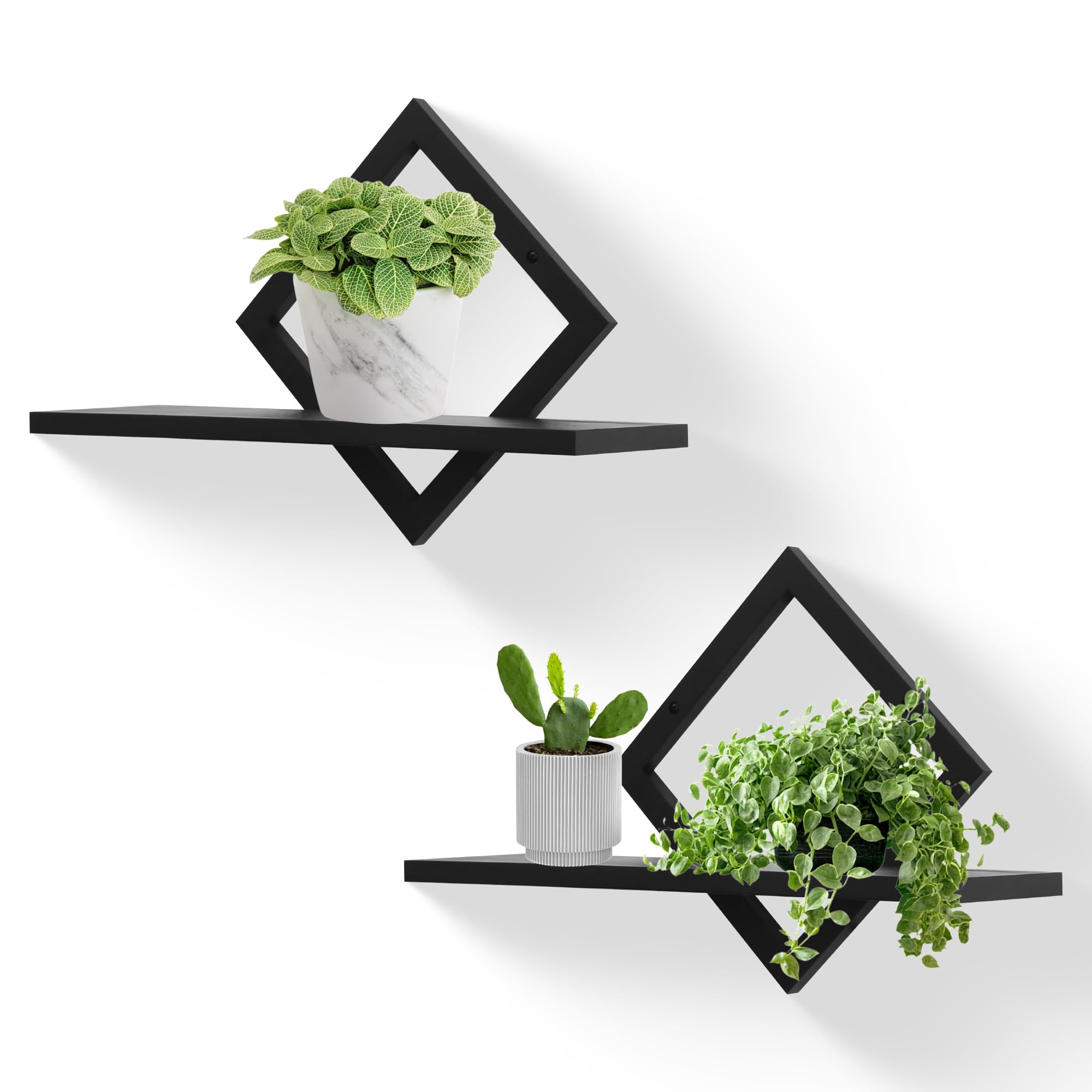 Floating Shelves for Wall,Decorative Wall Shelf,Hanging Shelf for Plants Storage Display Holder,Indoor Decor for Living Room Home Office Bathroom Bedroom,Solid Wood,Diamond Shaped,2 Pack(Black)