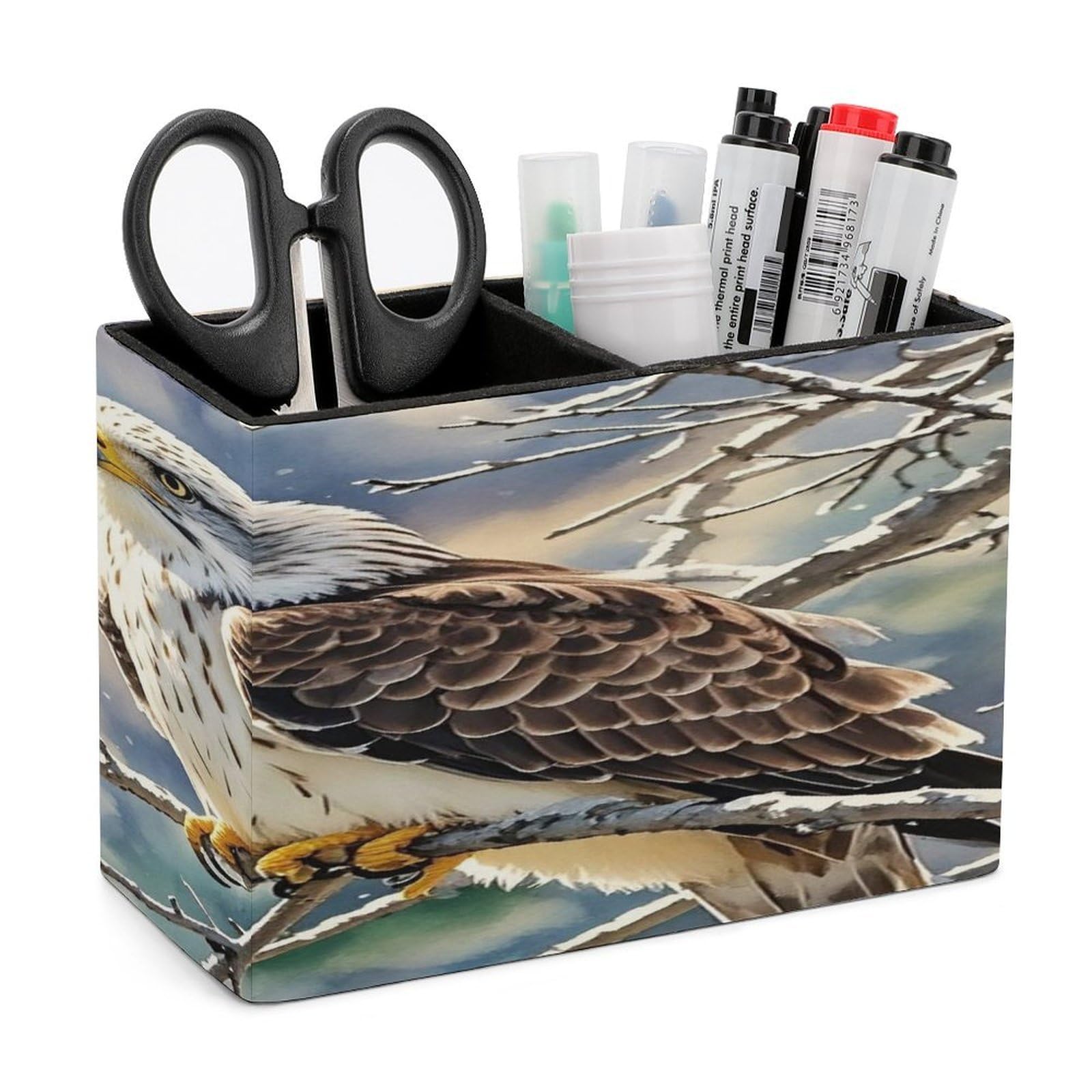 LZQPOEAS Hawk Leather Pen Holder with 2 Compartments Luxury Pencil Holder Minimalist Pencil Cup Brush Scissor Holders Elegant Pen Cup for Office Home Desk Accessories