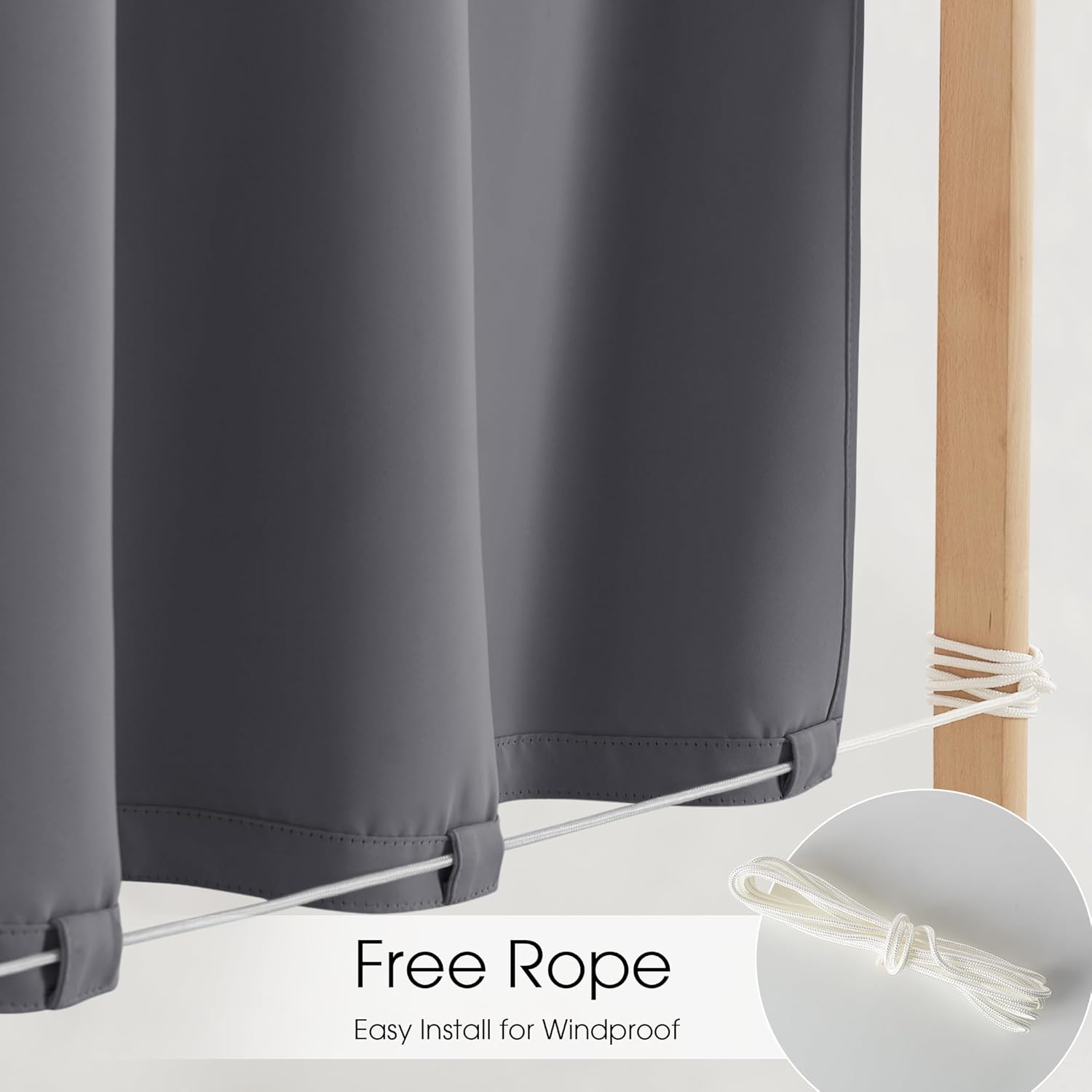 NICETOWN 2 Panels Outdoor Curtains for Patio, Adhesive Strip Top No Rods Needed, Back Tab Bottom with Free Rope for Wind Resistance, Waterproof & Windproof Drape for Gazebo/Pergola, W52 x L84 in, Grey