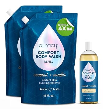 Puracy Body Wash, Natural Body Wash, 98.6% Pure Plant Ingredients, Moisturizing Shower Gel for Women Men Kids, Body Soap for Dry Sensitive Skin. Coconut & Vanilla, 48 Oz, Pack of 2, and12 Oz