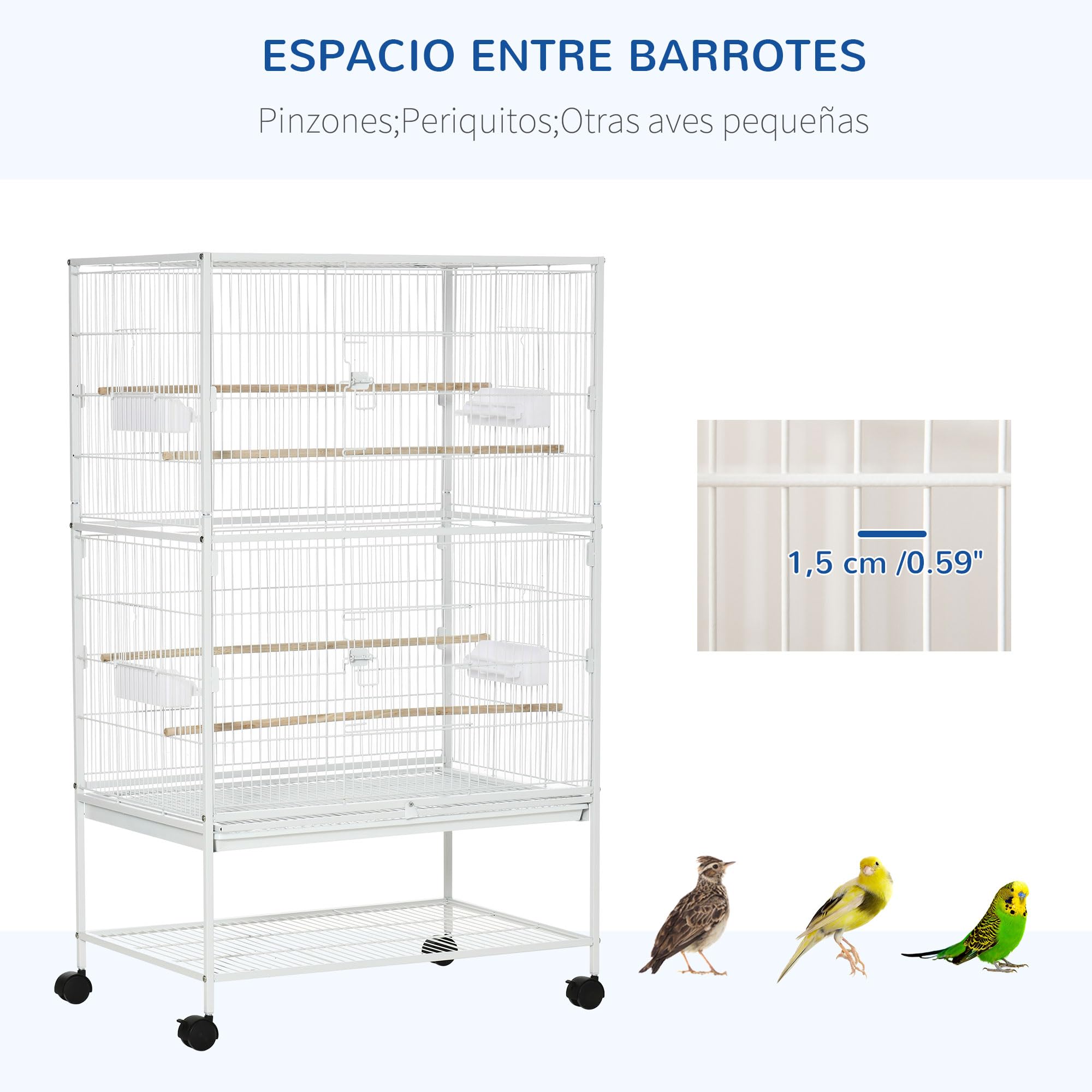PawHut Jaula para Pájaros con Ruedas Pajarera Metálica con Bandeja Extraíble 4 Puertas 4 Comederos 4 Perchas y Estante de Almacenaje Jaula para Canarios Periquitos 78x52x132 cm Blanco — view 5