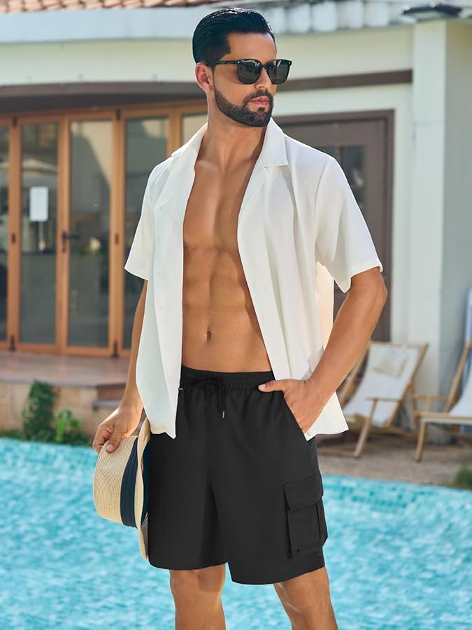 INCERUN Men's Swim Trunks with Compression Liner 2 in 1 Board Shorts Quick Dry Bathing Suit Swimsuit Swimming Trunks for Men Long Swim Shorts with Pockets Black Medium - image 4