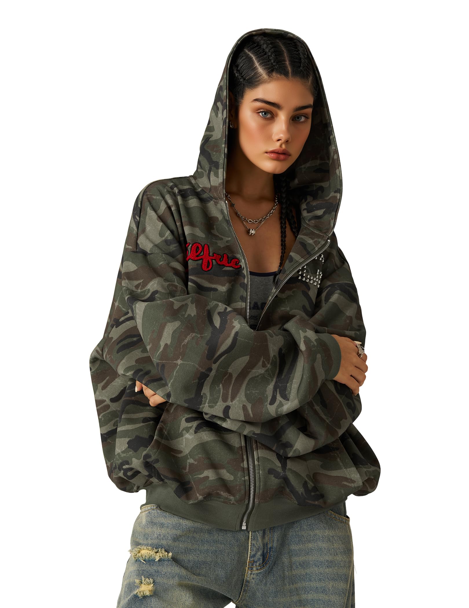 Aelfric Eden Bluza z kapturem z zamkiem błyskawicznym, bluza z kapturem Camo, styl vintage, Streetwear Hip Hop, bluza z kapturem z kieszeniami