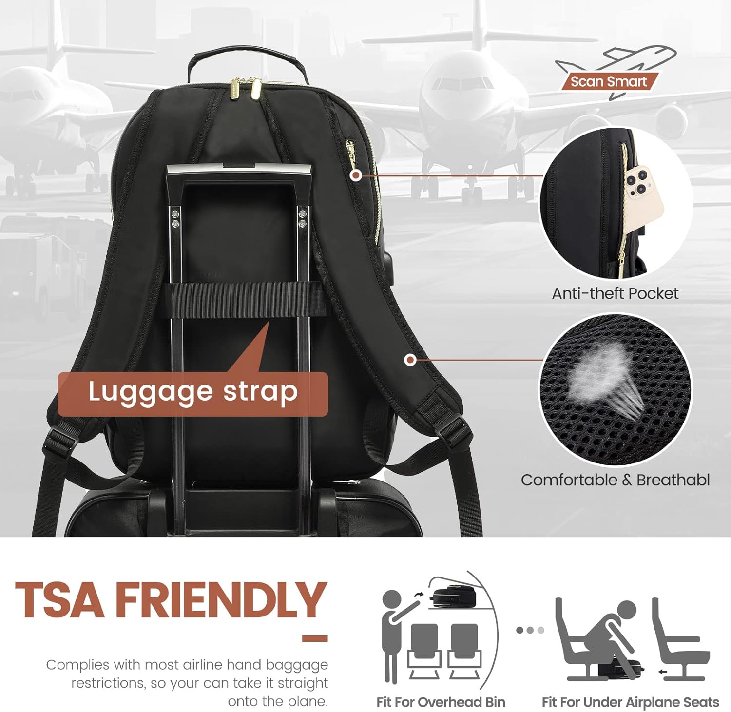 LOVEVOOK Laptop Backpack for Women 15.6 inch,Cute Womens Travel Backpack Purse,Professional Laptop Computer Bag,Waterproof Work Business College Teacher Bags Carry on Backpack with USB Port,Black-2 - Image 7