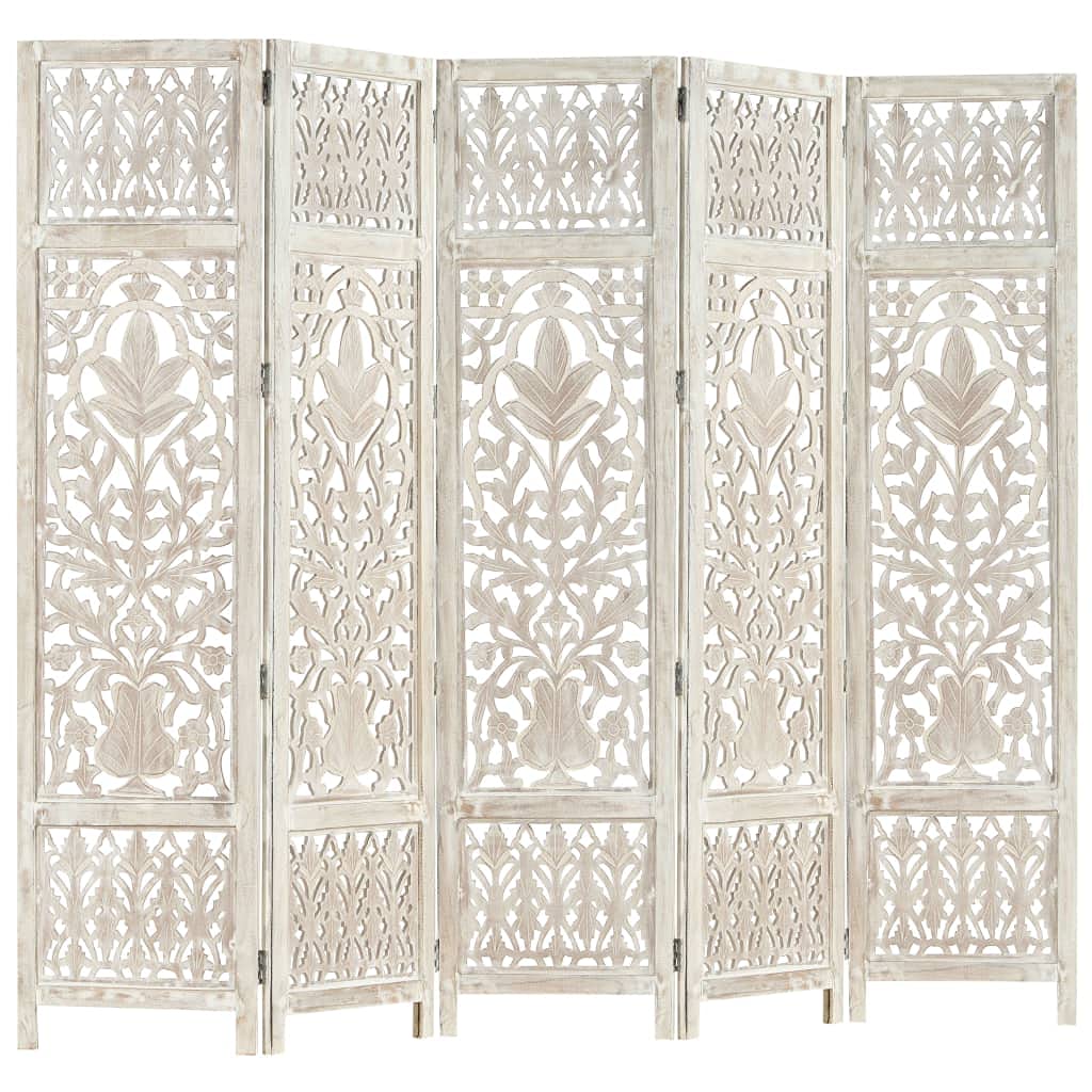 vidaXL Divisorio con 5 Pannelli Separè Speratore Paravento Richiudibile Mobili Arredamento Bianco 200x165 cm Legno Massello di Mango