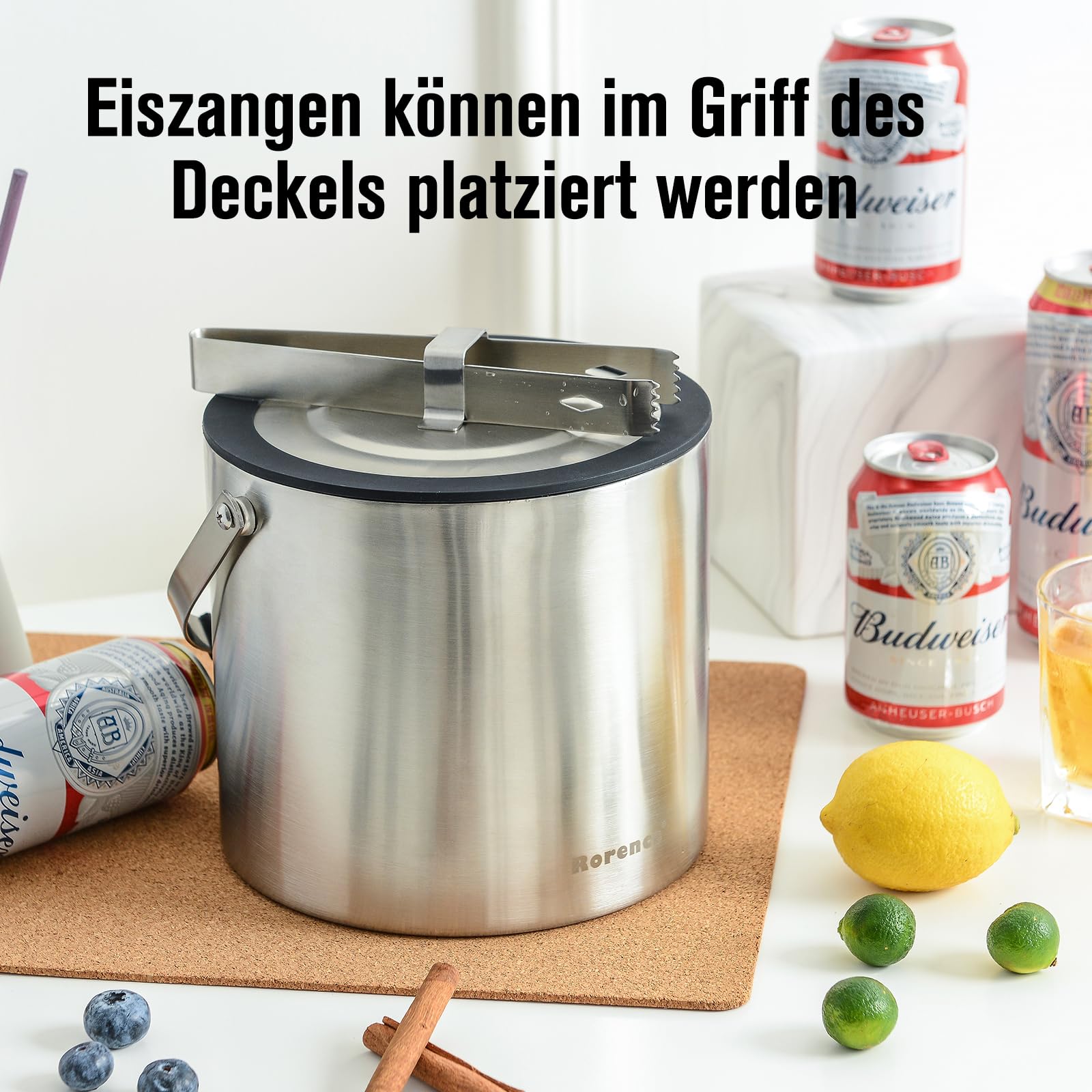 Seau à glace Rorence en acier inoxydable avec couvercle hermétique et pince à glaçons 2.8 L