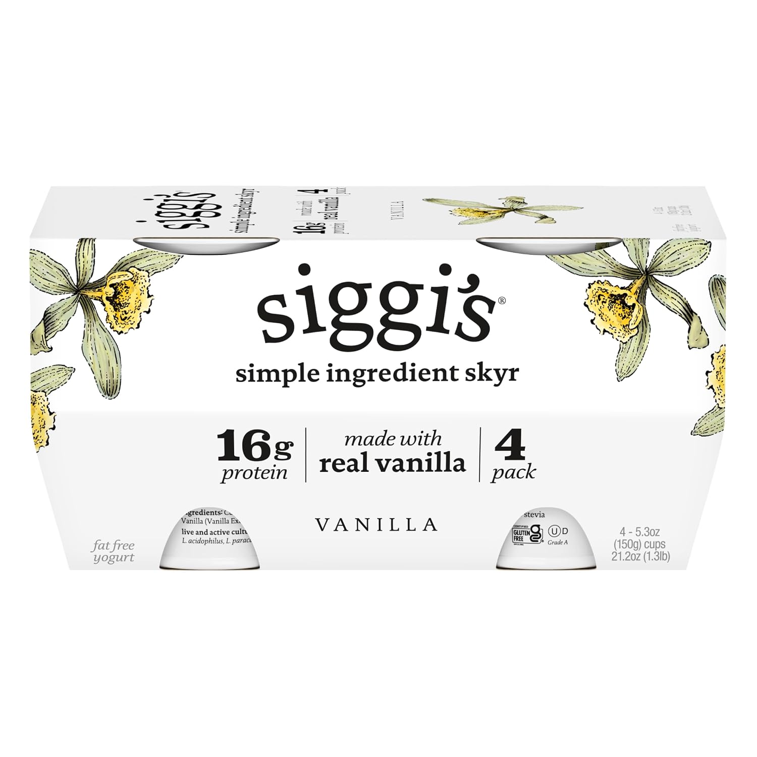 Siggi's Icelandic Nonfat Vanilla Yogurt 4-Pack, 21.2oz - 15g Protein, Low Sugar Skyr Multipack