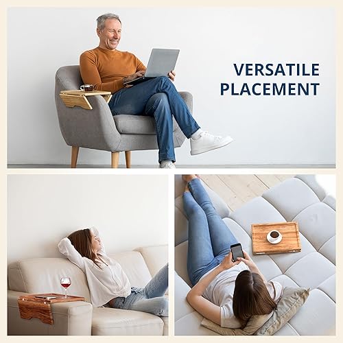 Miniatura 5 de Bandeja robusta para mesa de sofá con bisagras dobles, pino  Bandeja de brazo de sofá con clip para sofá y escritorio - Bandeja para reposabrazos