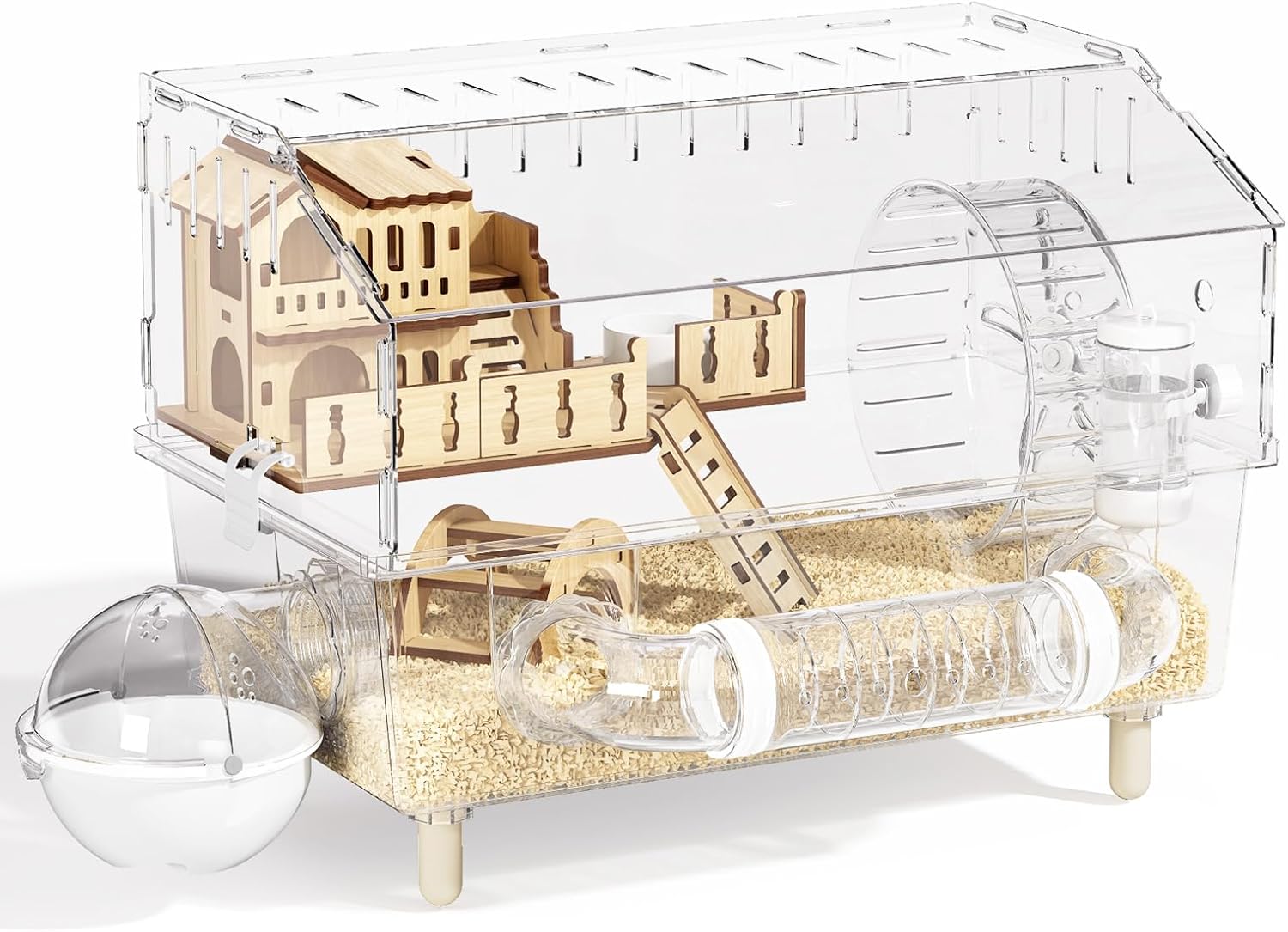 9-in-1 Acrylic Hamster Cage, Clear Dwarf Hamster Pet Cage with 360° View, 2-Tier Top-Open Syrian Hamster Cages with All Accessories, Easy-Clean Tray and Ventilated Design for Small Pets (Transparent)