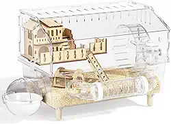 Gaiola acrílica para hamster 9 em 1, gaiola de hamster anão transparente com visão de 360°, gaiolas de hamster sírio de 2 camadas com todos os acessórios, bandeja de fácil limpeza e design ventilado