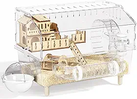 Gaiola acrílica para hamster 9 em 1, gaiola de hamster anão transparente, com tubos e todos os acessórios, habitat de mouse de 2 níveis, fácil de limpar, adequada para animais de estimação pequenos