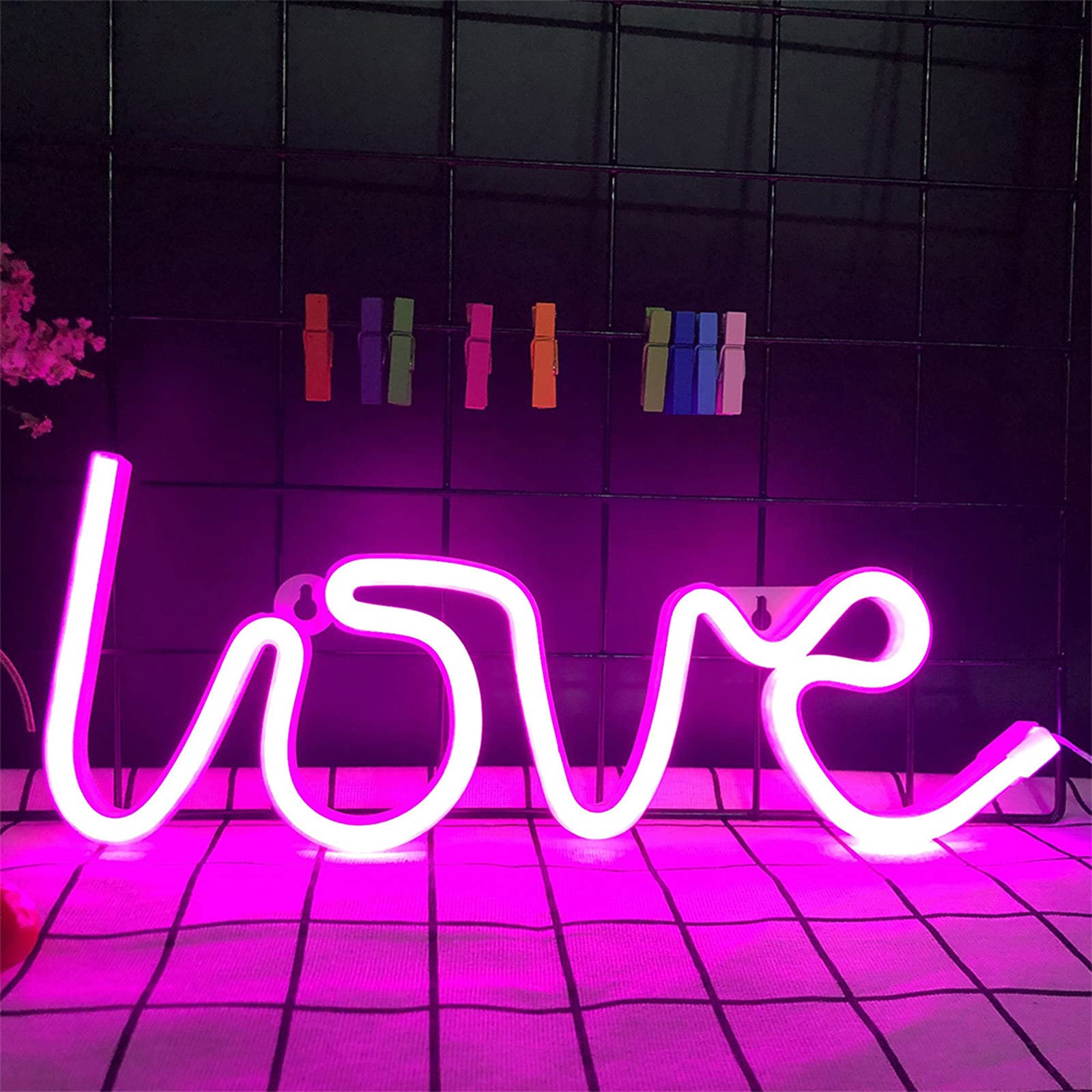 Applique Murale Décorative LED NÉON, Couleur Rose/jaune, Environ 38x27x2 Cm, Alimentation USB