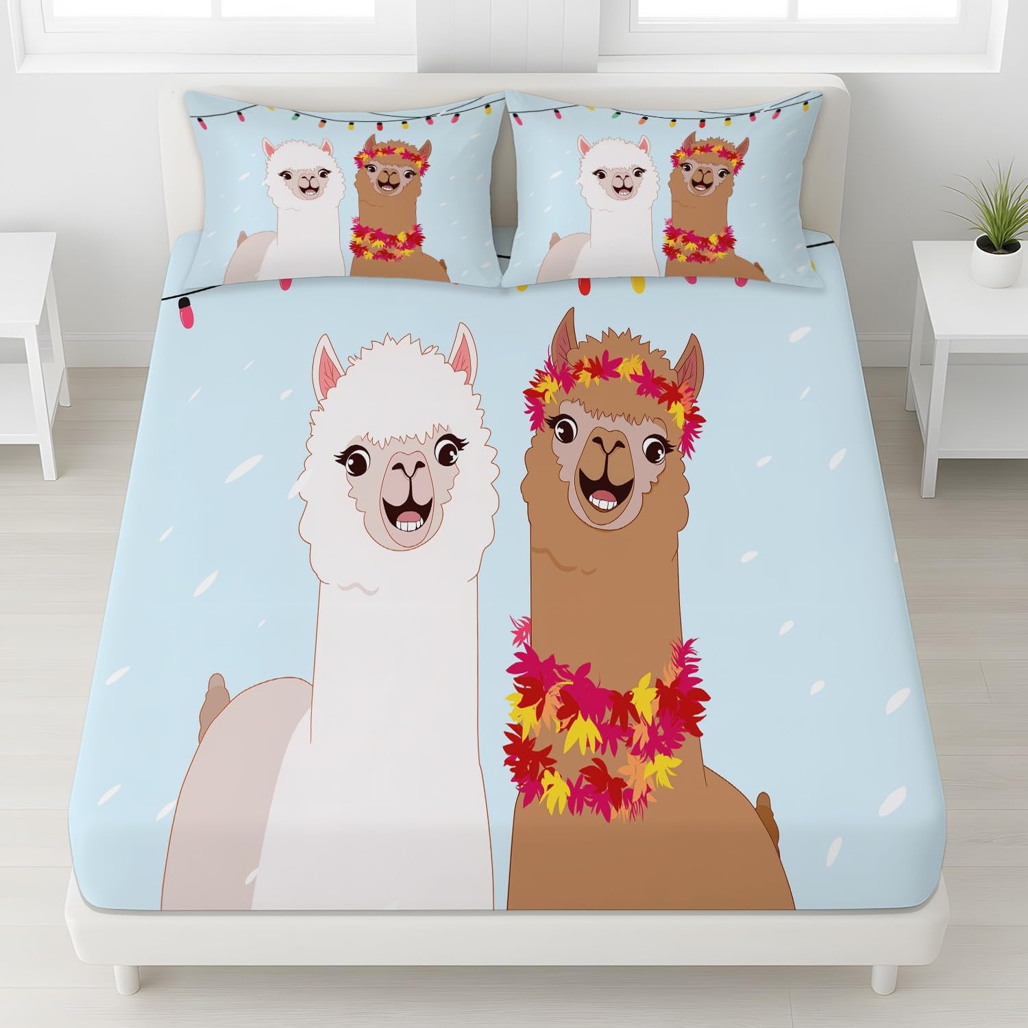 Klar, Cartoon, Süß Spannbetttuch Set 200 x 200 cm Alpaka, Lichterkette, Tiere Jungen, Mädchen,Für Erwachsene geeignet Bettlaken-Set Bettwäsche für Matratzenhöhe bis 30 cm