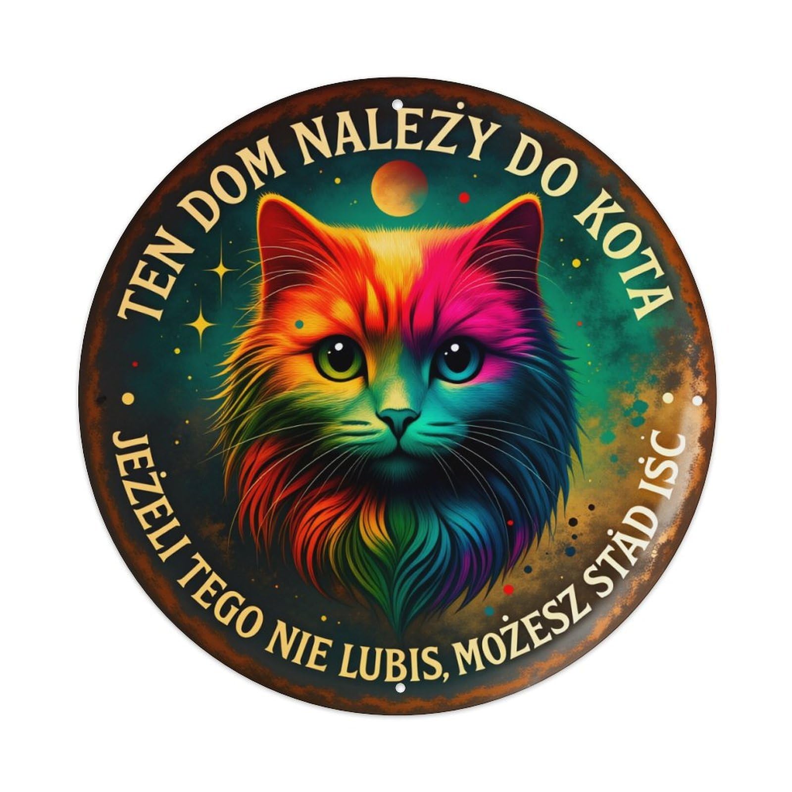 Colorful Cat Face With Rainbow Fur Round Tin Sign Vintage Style Metal Sign Home Bar Garden Wall Plaque Decor Metal Poster 8x8 Inch