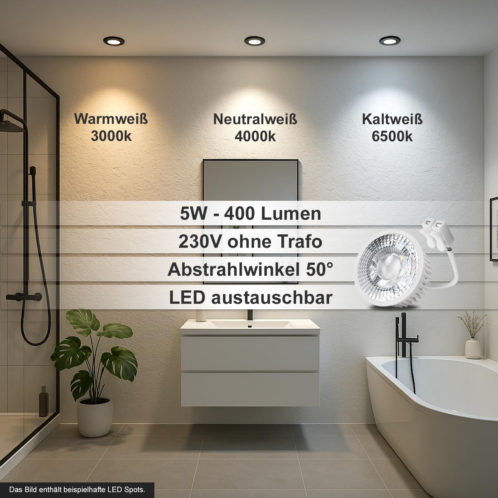 trendlights24 Mare IP44 Decken LED Bad Einbaustrahler 230V 5er Set - 5W 400lm ultra flach 35 mm - Schwarz rund - Einbauleuchte Neutralweiß