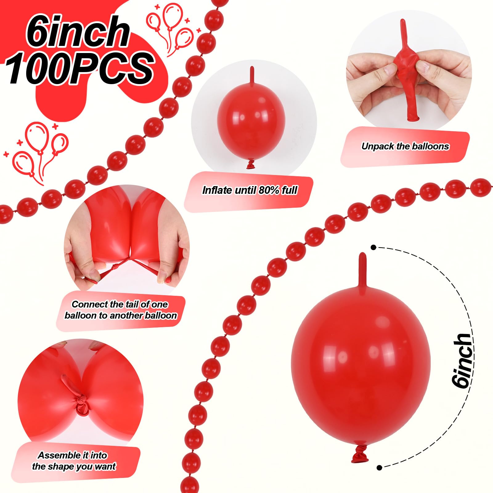 Rote Schnellverbindungsballons, 60 Stück, Verbindungsballons für Hochzeit, Geburtstag, Babyparty, Verlobung, Jahrestag, Party-Dekorationen (15,2 cm)