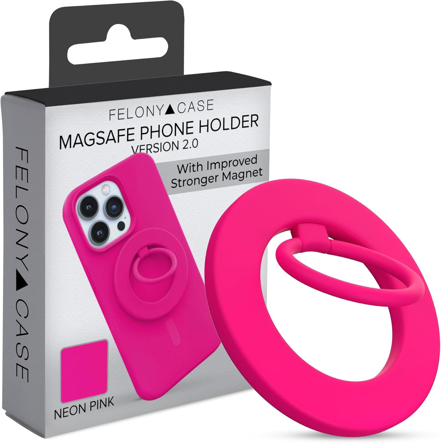 FELONY CASE - Neon Pink Ring Grip and Stand - Version 2.0 - Improved Stronger Magnet, Magnetic Phone Ring Holder for MagSafe Compatible iPhone 17,16, 15, 14, 13, 12, Pro Max, Air - Drop Protection