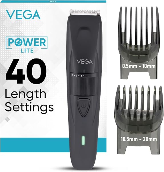 VEGA Power Lite Beard Trimmer for Men with Self-Sharpening Stainless Steel Blades, 40 Length Settings, 90