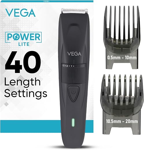 Vega Trimmer Men Beard with 90 Mins Runtime, Stainless Steel Blades &amp; 40 Length Settings, 2 Comb Attachment, Trimmers for 