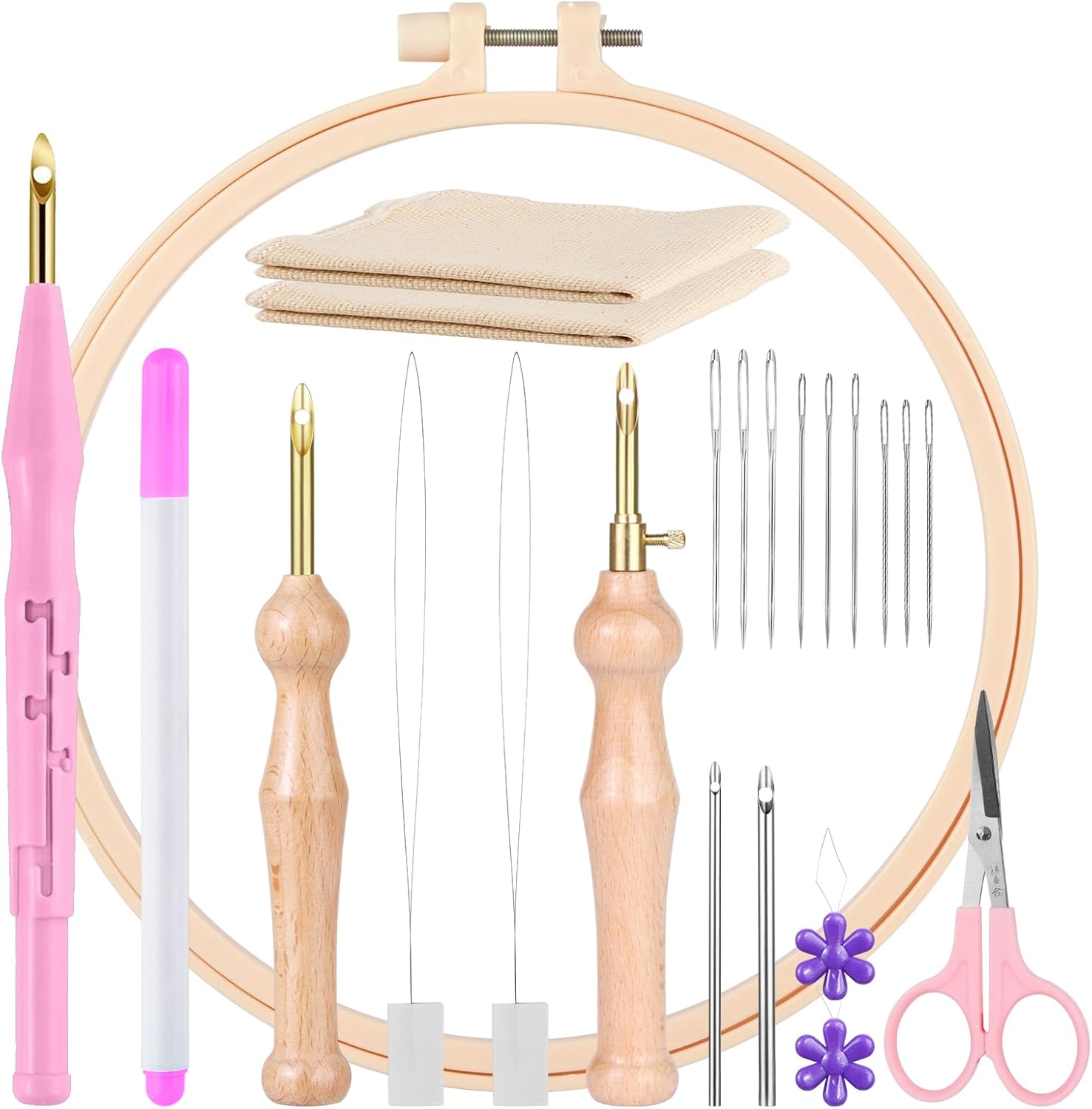 MSDADA  Punch Needle Kit, Adjustable Punch Needle Tool, Wooden Handle Embroidery Pen Kits, Hoops, Cloth, Punch Needle Set Adults Beginner for DIY Craft, Perfect for Decoration and Gifts（Pink）