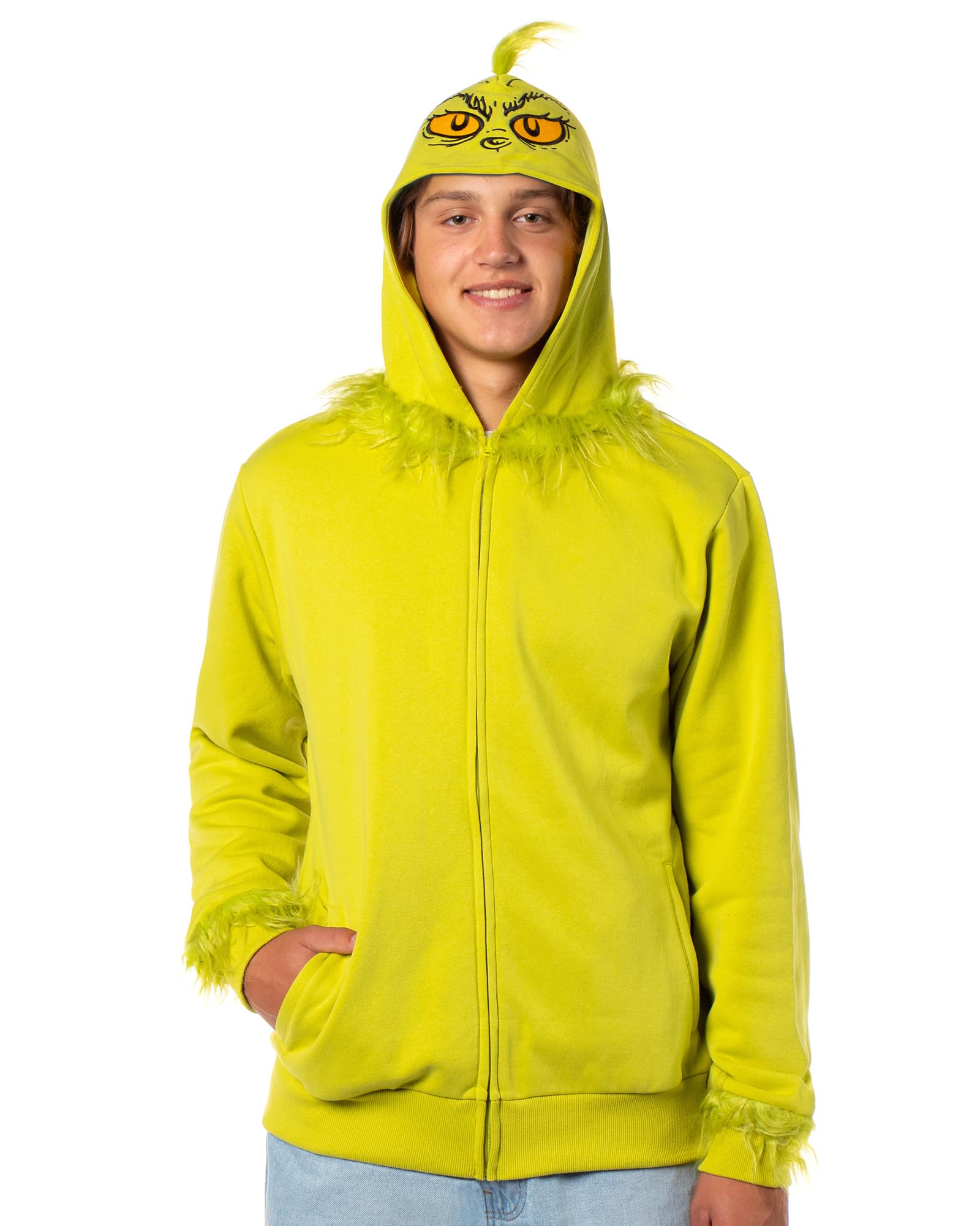 Dr Seuss Men's The Grinch Who Stole Christmas Faux Hair Costume Character Zip-Up Hoodie