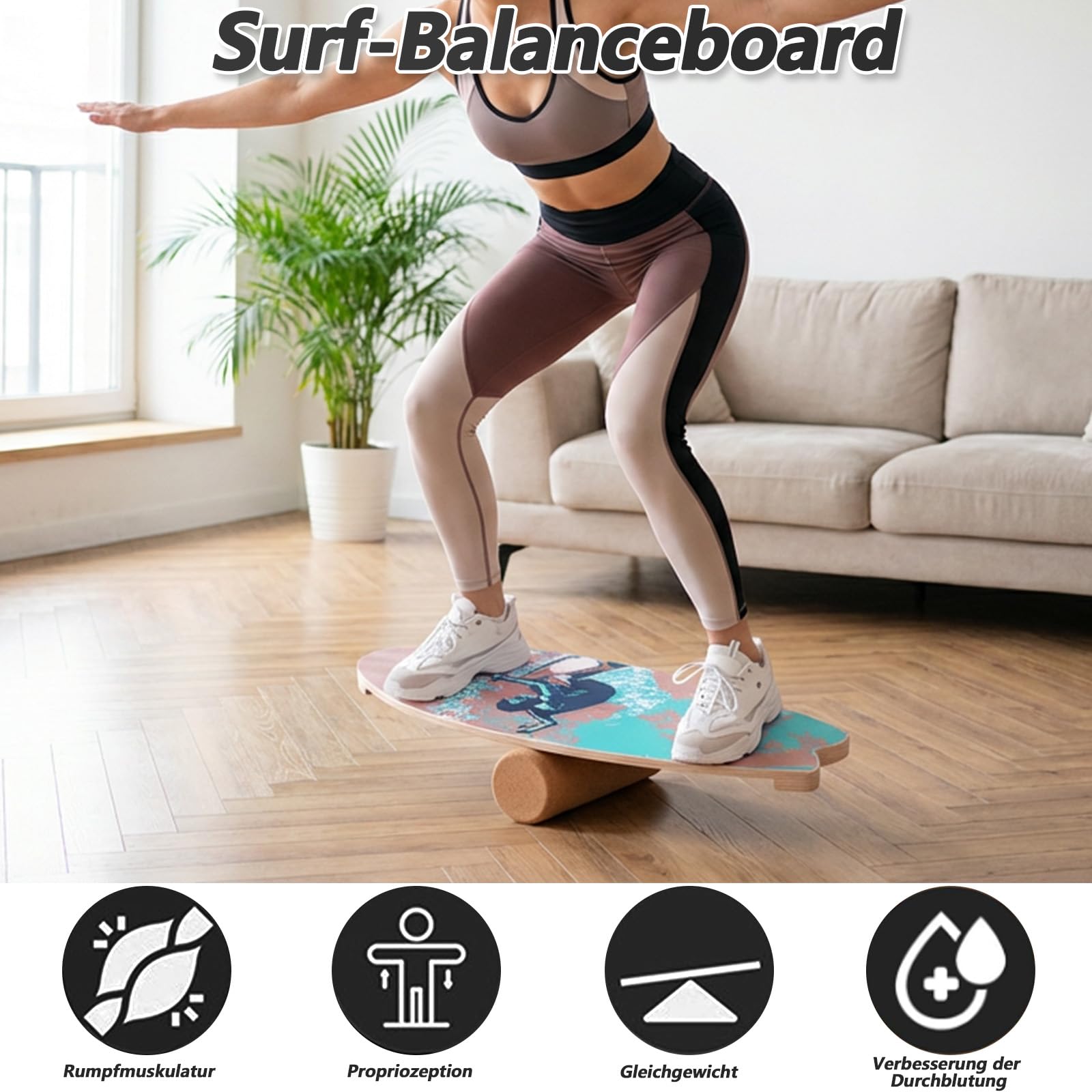 Surfin Balance Board, Balance Board Erwachsene mit Rolle, Balance Board Holz, Rutschfest, 150 Kg Belastbar, Indoor Surfboard und Gleichgewichtsboard – Ideal für Anfänger & Profis