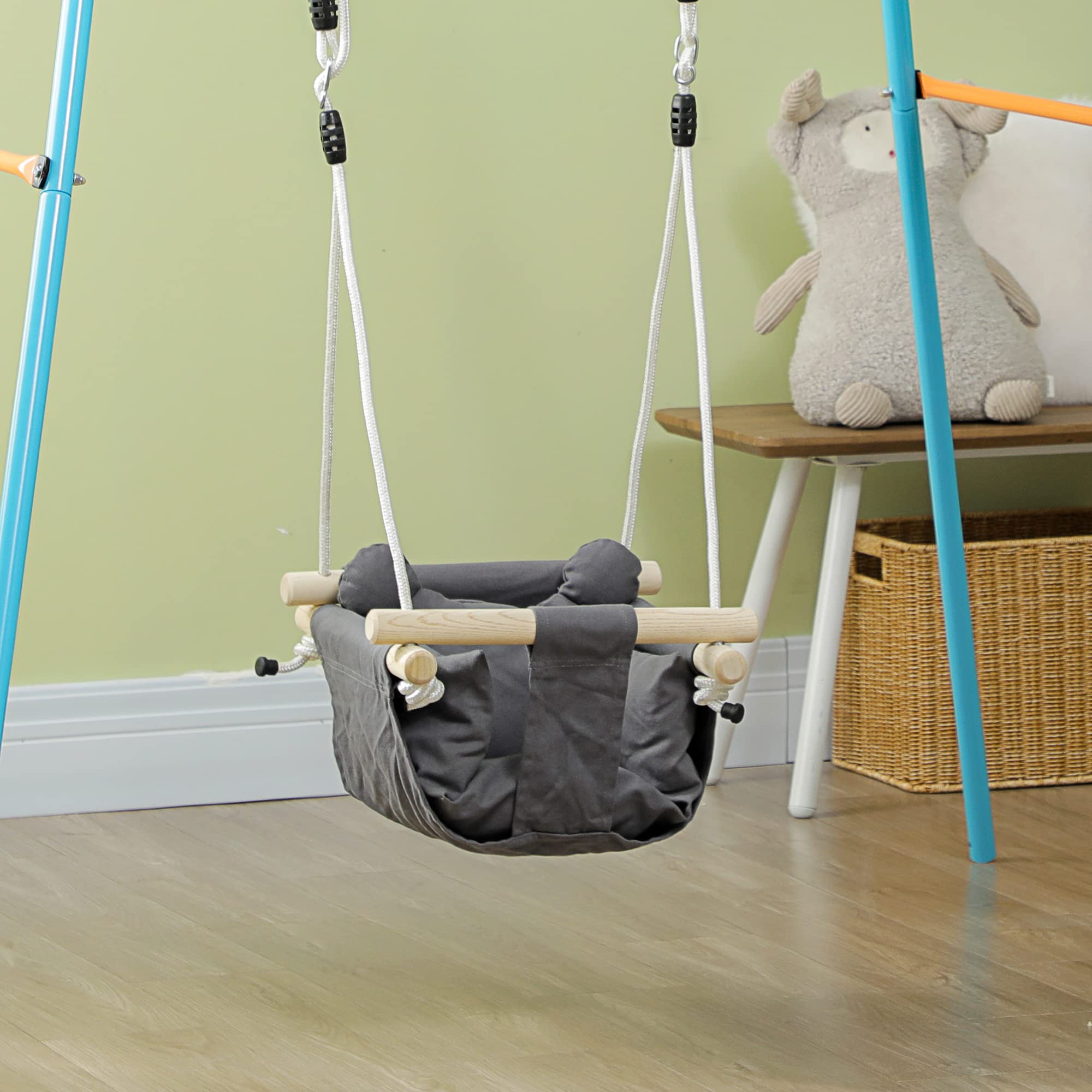 AIYAPLAY Columpio para Bebés 9-36 Meses 40x40x110-180 cm Gris Oscuro | Columpio Infantil, Asiento Acolchado, Cuerdas Ajustables, Carga 70 kg, para Interiores y Exteriores