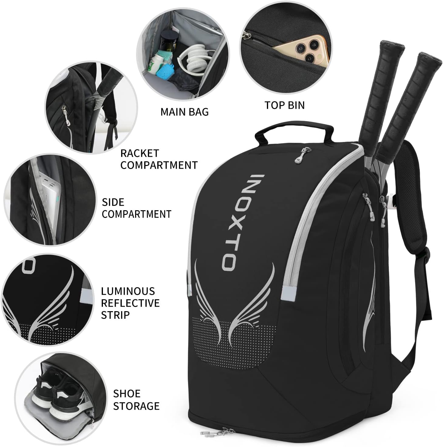 INOXTO 40L Tennis Backpack for Men & Women, Large Pickleball Bag With Independent Shoe Storage, Waterproof & Breathable, Holds 2 Tennis Rackets for Badminton, Travel & Camping - Image 4