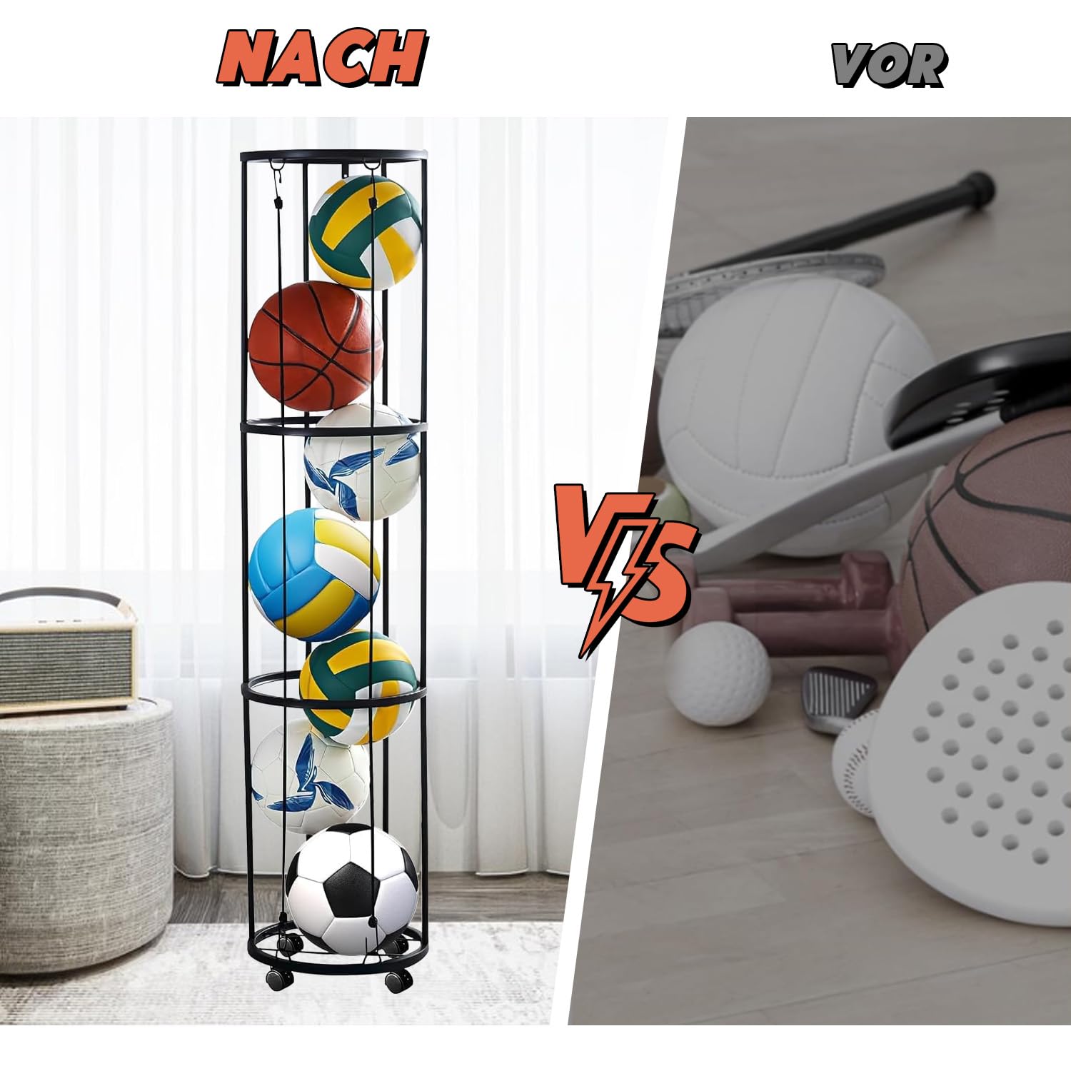 Vertikales Ballständer, Ballständer mit Rollen Ball Aufbewahrung Wandmontierter Ballaufbewahrungskäfig, Ballaufbewahrungsregal für Basketball, Fußball, Volleyball (3-Lagiges)