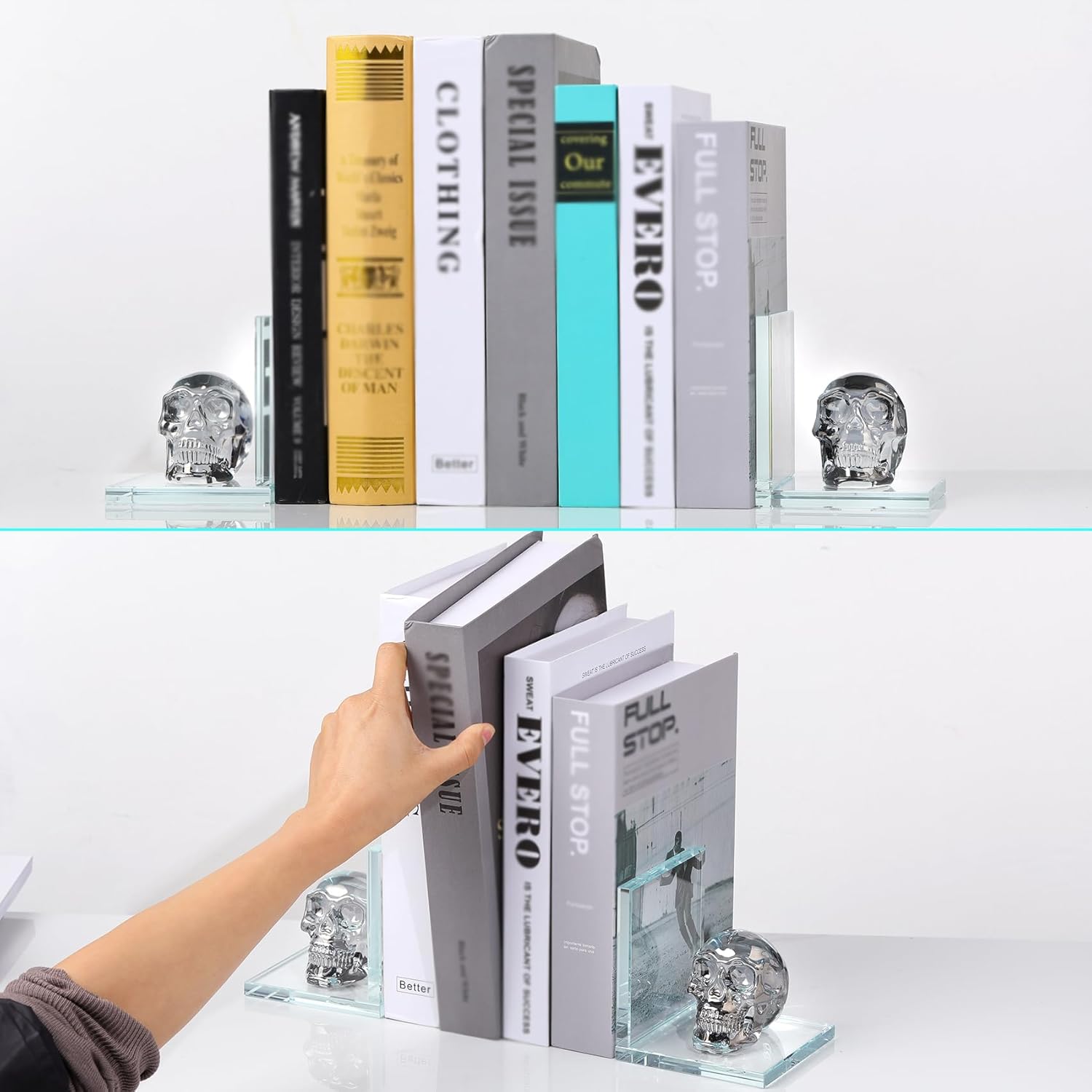 1 Pair Glass Book Ends with Black Crystal Skull L Shape Non-Skid Decorative Bookends Bookshelf Apartment for Normal Bookshelves Living Room Office Home Decor