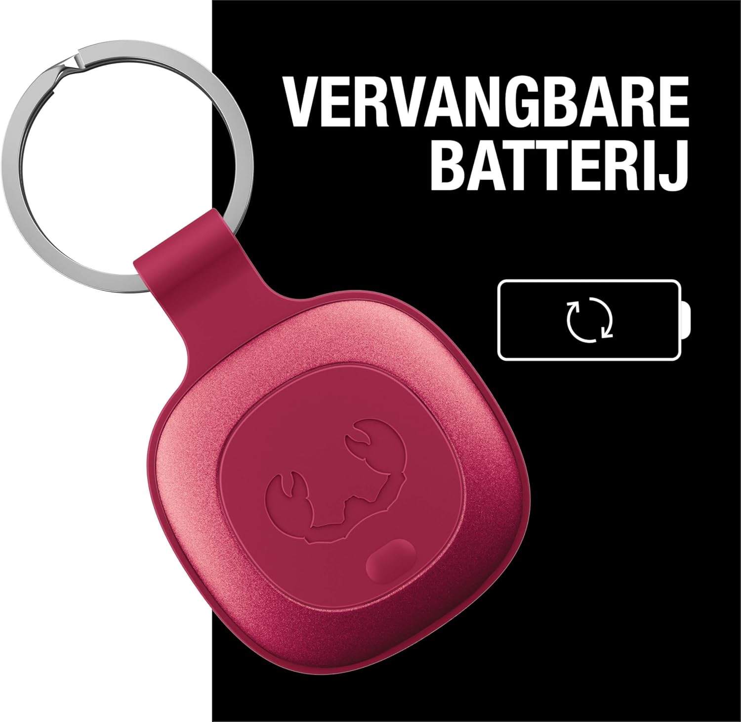 Fresh 'n Rebel Smart Finder attached to keys, emitting sound waves to indicate its location.