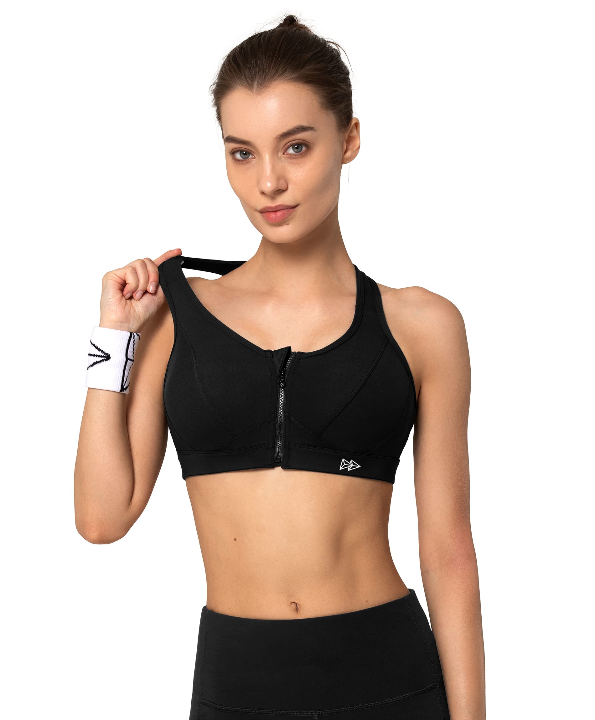Yvette Reggiseni Sportivi ad Alto Impatto per Donne Chiusura Lampo Frontale Seni Grandi,Nero,S Plus